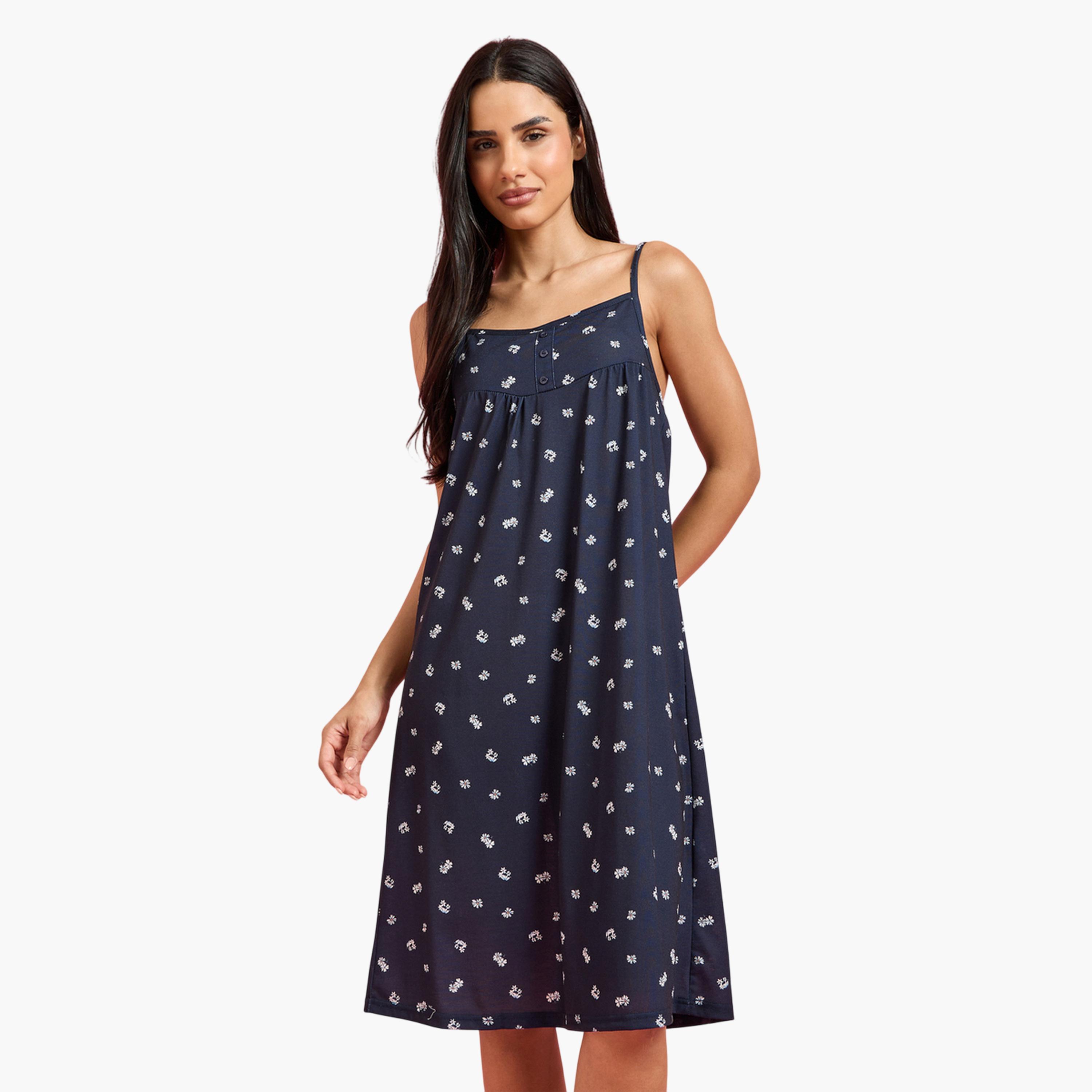 قميص نوم ميدي بتفاصيل أزرار وطبعة كاملة باللون الكحلي-women-clothing-nightwear-nighties-image-1