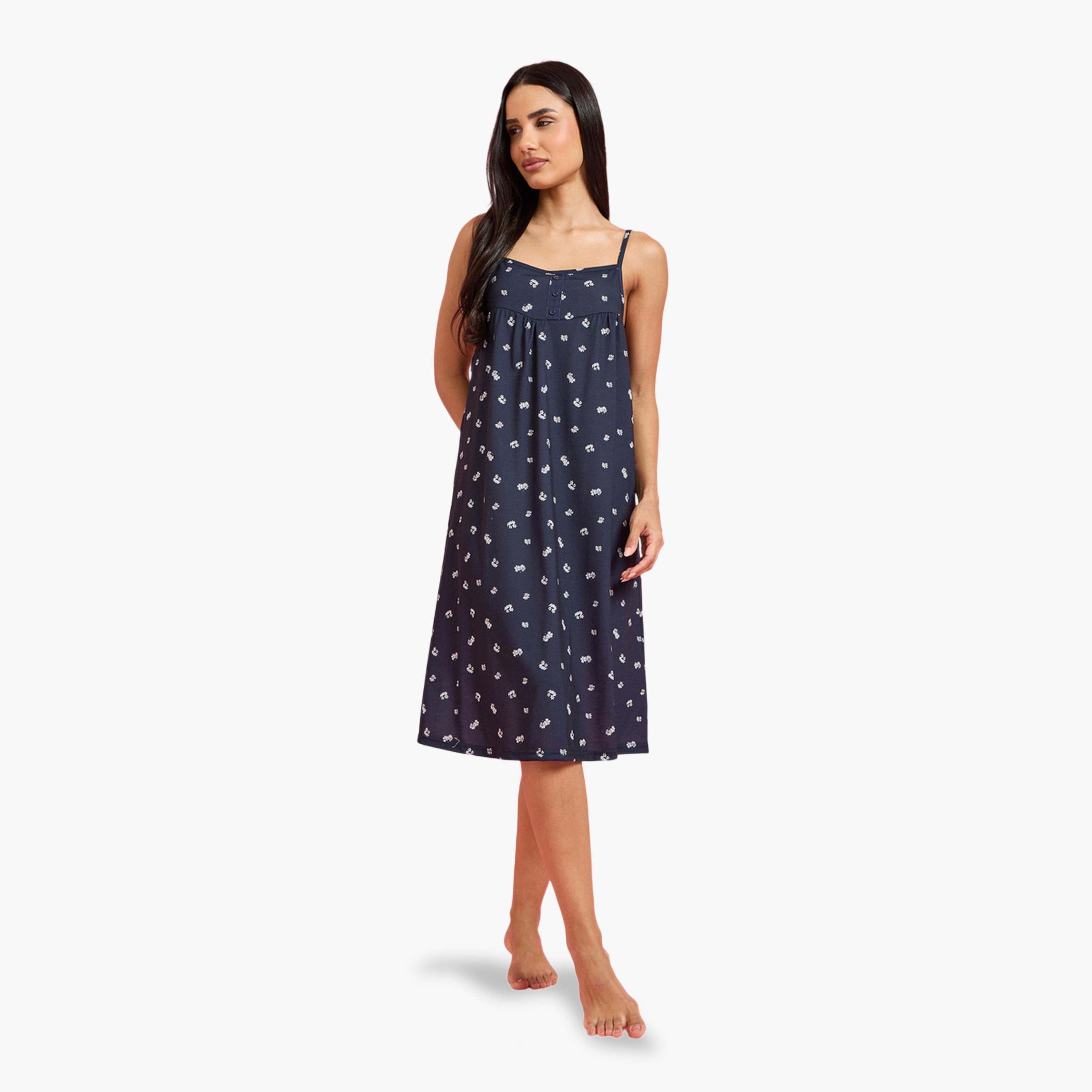 Styli Navy Blue All Over Print Button Detail Midi Slip Nightdress-women-clothing-nightwear-nighties-image-2