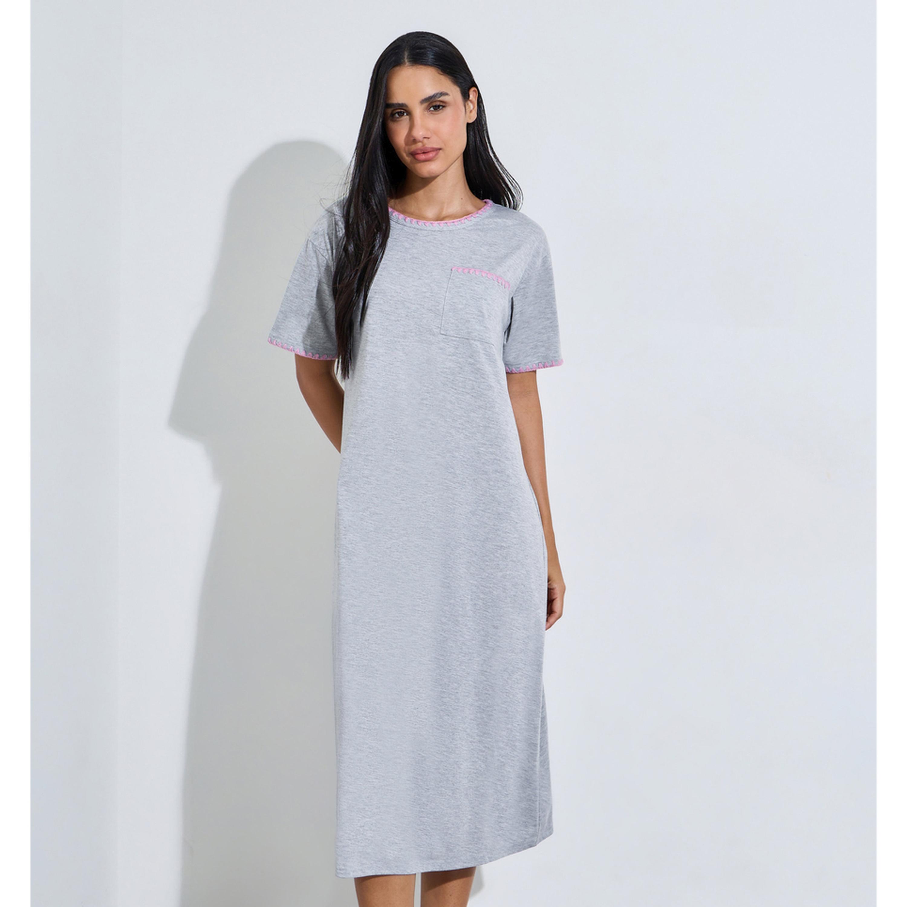 Styli Gray Solid Short Sleeves T-Shirt Nightdress with Pink Embroidery Trims-women-clothing-nightwear-nighties-image-1