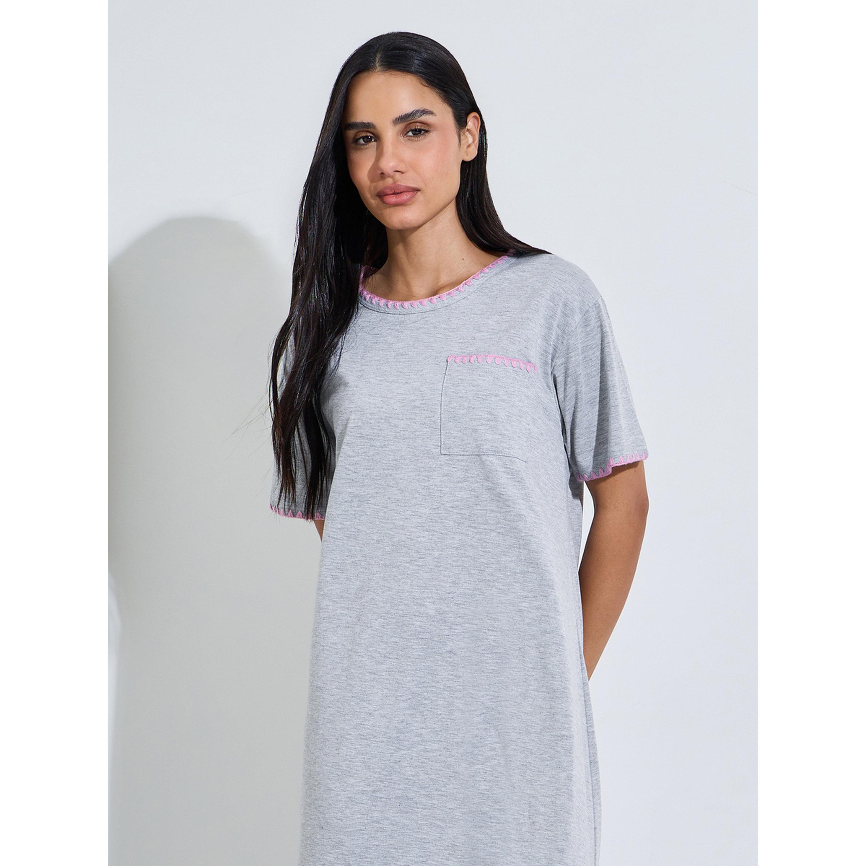 Styli Gray Solid Short Sleeves T-Shirt Nightdress with Pink Embroidery Trims-women-clothing-nightwear-nighties-image-3