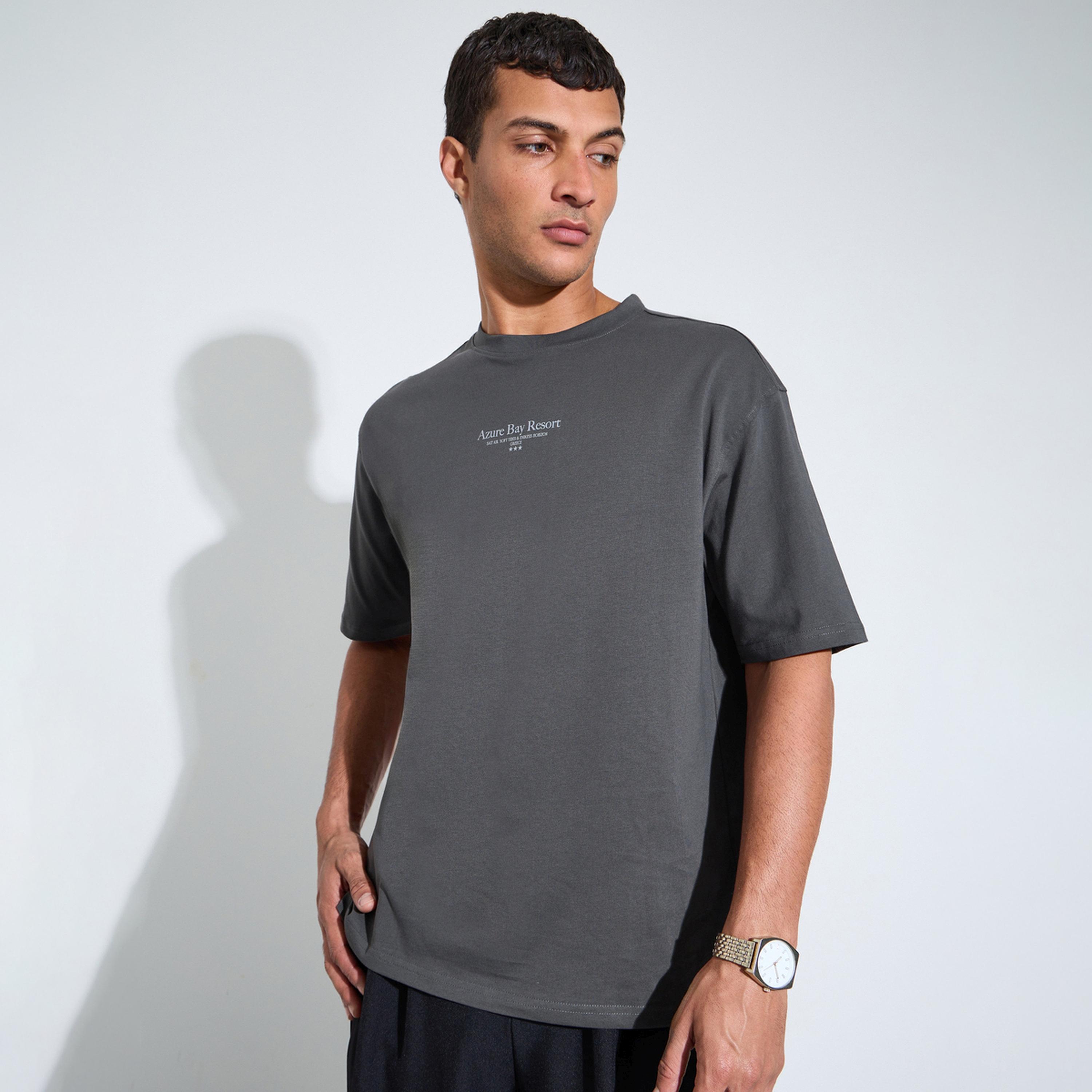 Styli Grey Slogan Print Crew Neck Oversized T-Shirt-men-clothing-tshirtsandpolos-tshirts-image-1