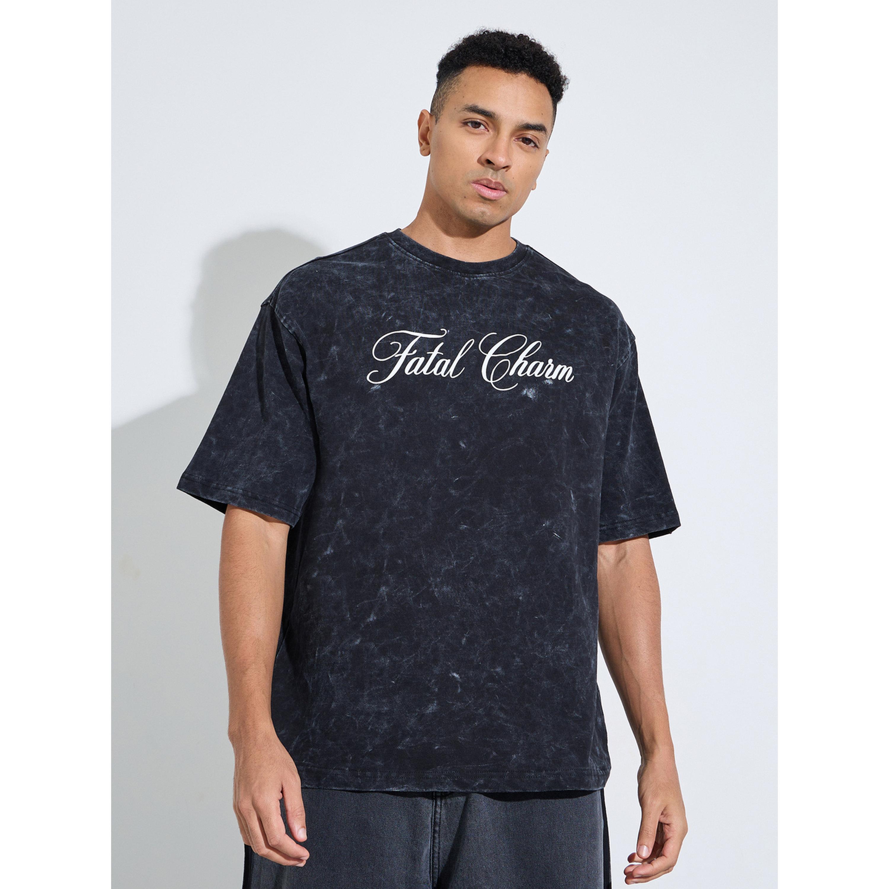 تيشيرت واسع غسيل حمضي بياقة دائرية وطبعة أمامي أسود-men-clothing-tshirtsandpolos-tshirts-image-1