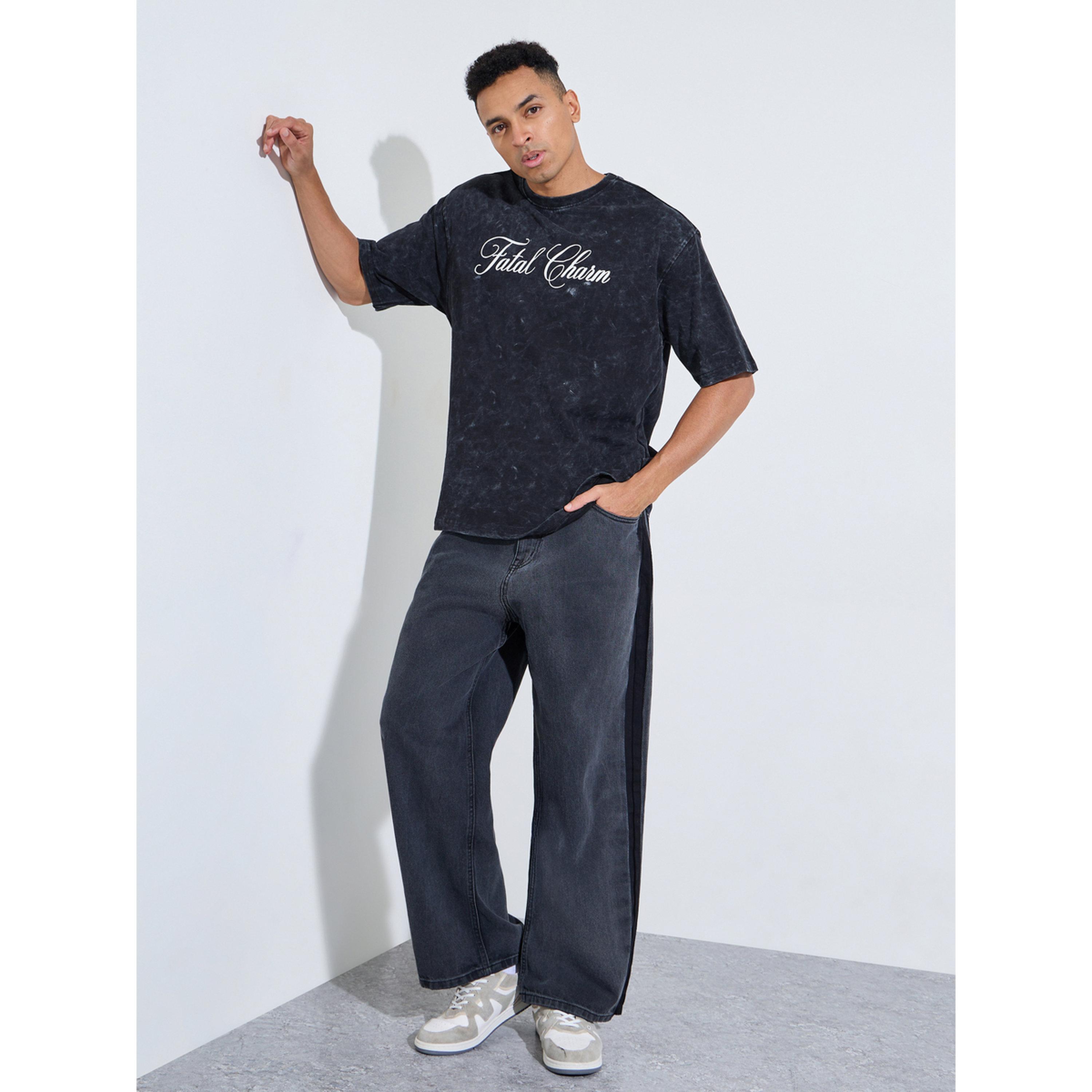 تيشيرت واسع غسيل حمضي بياقة دائرية وطبعة أمامي أسود-men-clothing-tshirtsandpolos-tshirts-image-2