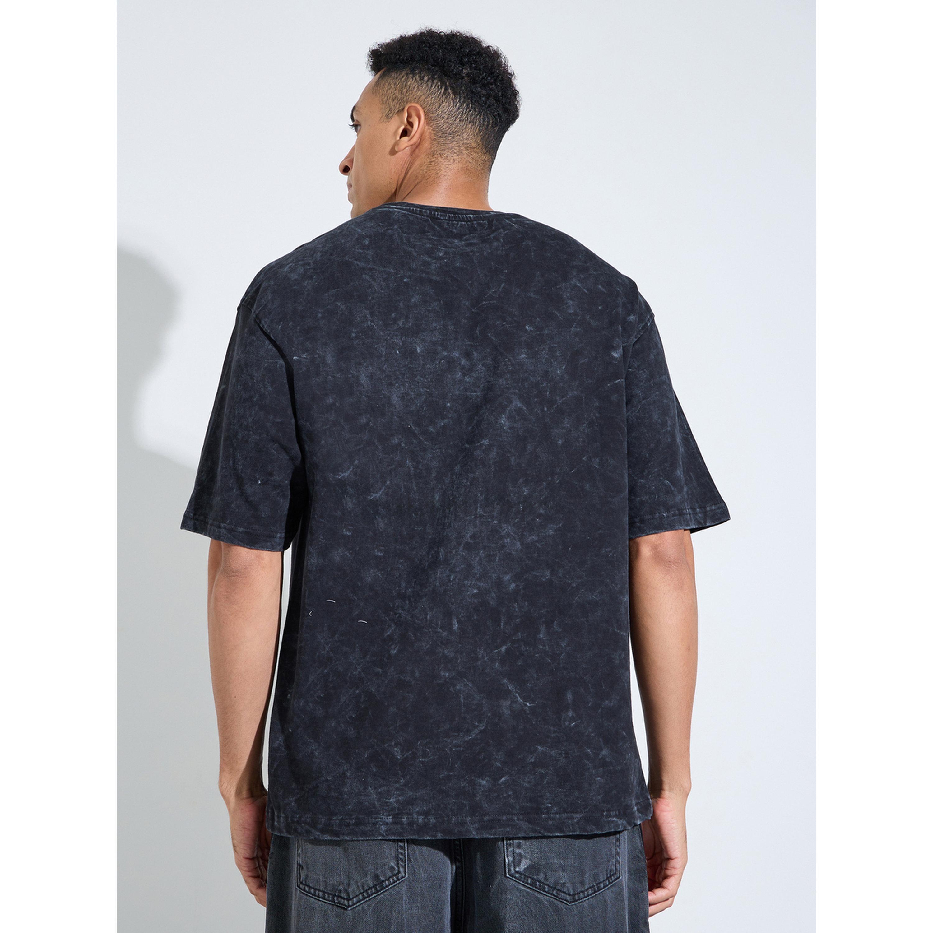 تيشيرت واسع غسيل حمضي بياقة دائرية وطبعة أمامي أسود-men-clothing-tshirtsandpolos-tshirts-image-3