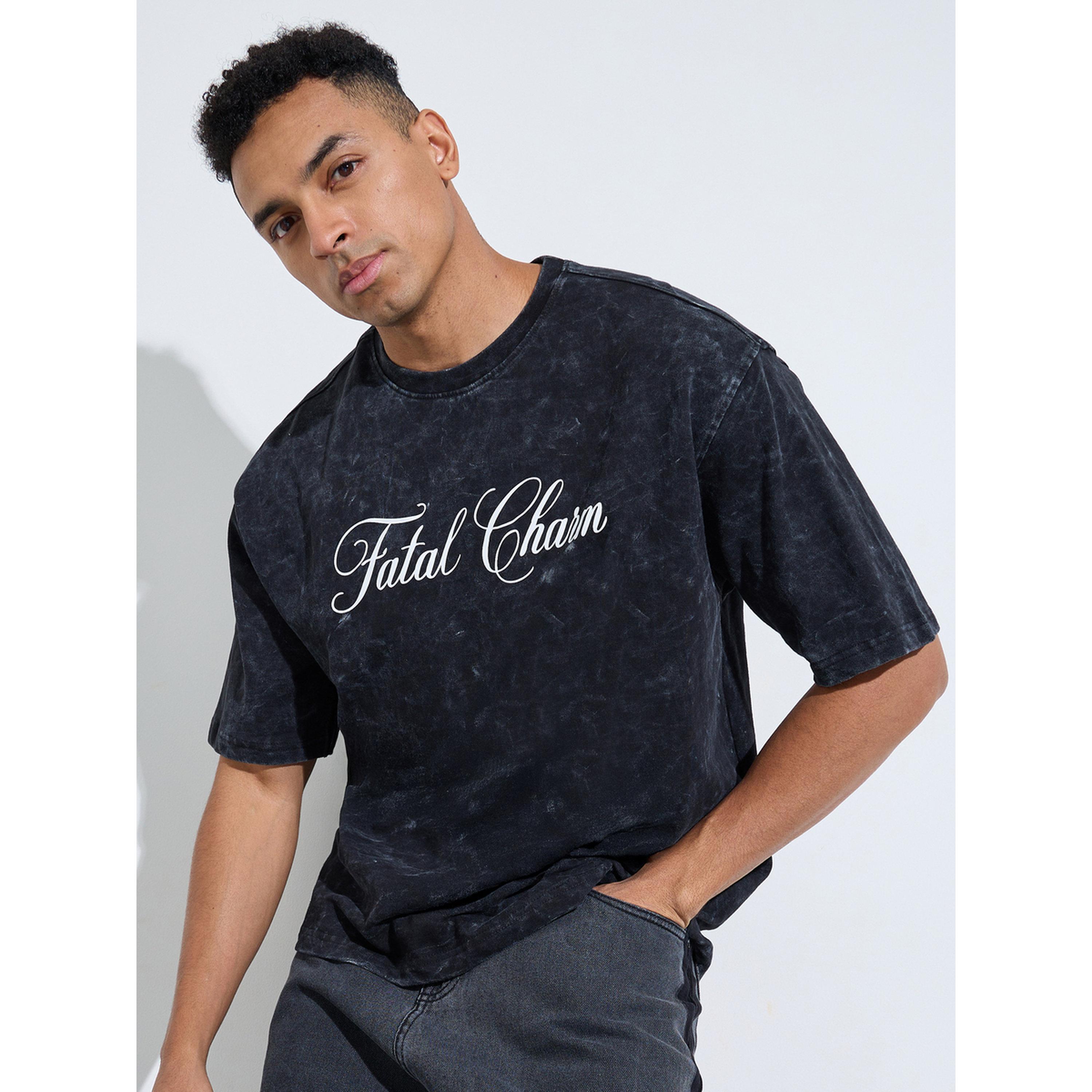 تيشيرت واسع غسيل حمضي بياقة دائرية وطبعة أمامي أسود-men-clothing-tshirtsandpolos-tshirts-image-4