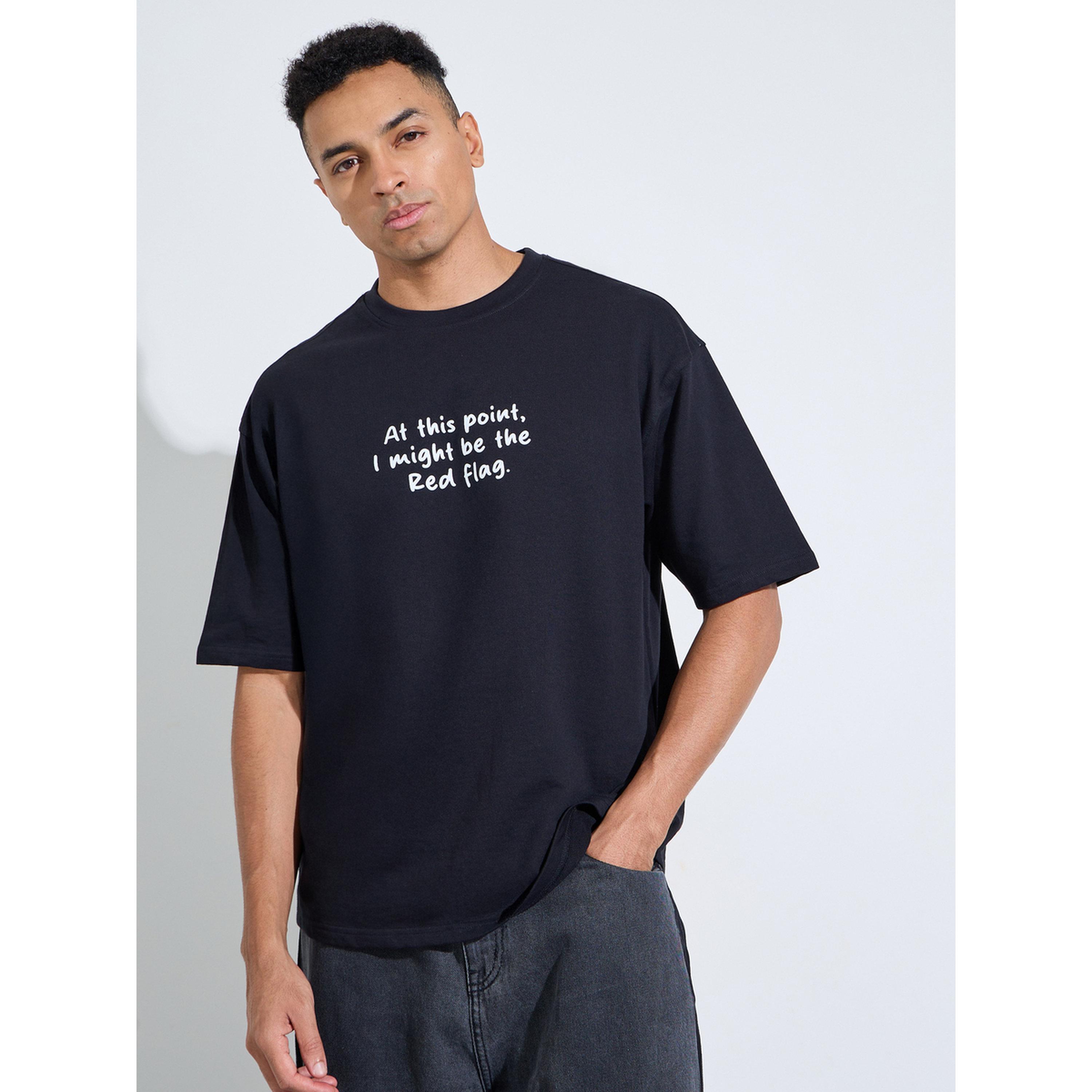 تيشيرت واسع بياقة دائرية وطبعة عبارة أسود-men-clothing-tshirtsandpolos-tshirts-image-1