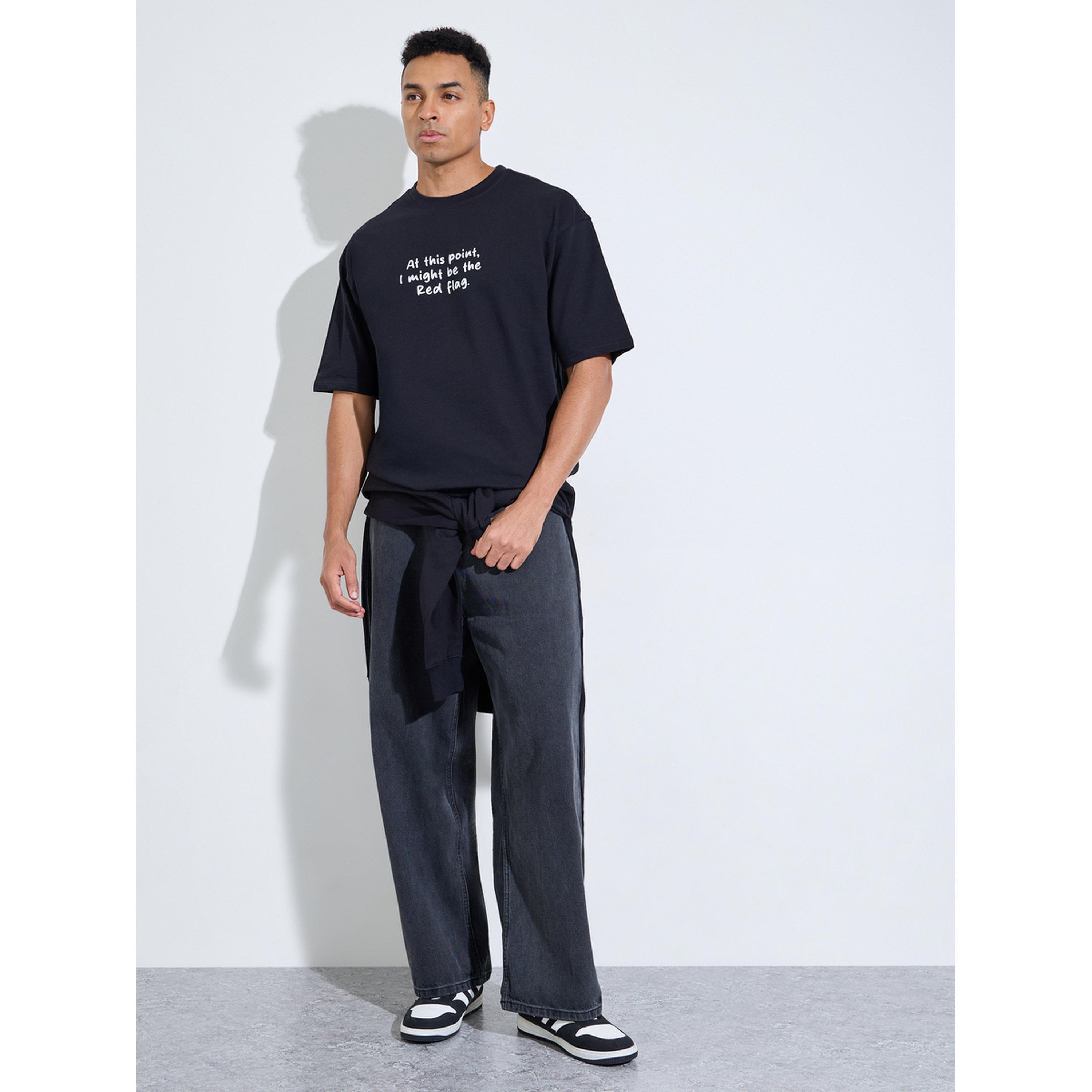 تيشيرت واسع بياقة دائرية وطبعة عبارة أسود-men-clothing-tshirtsandpolos-tshirts-image-2