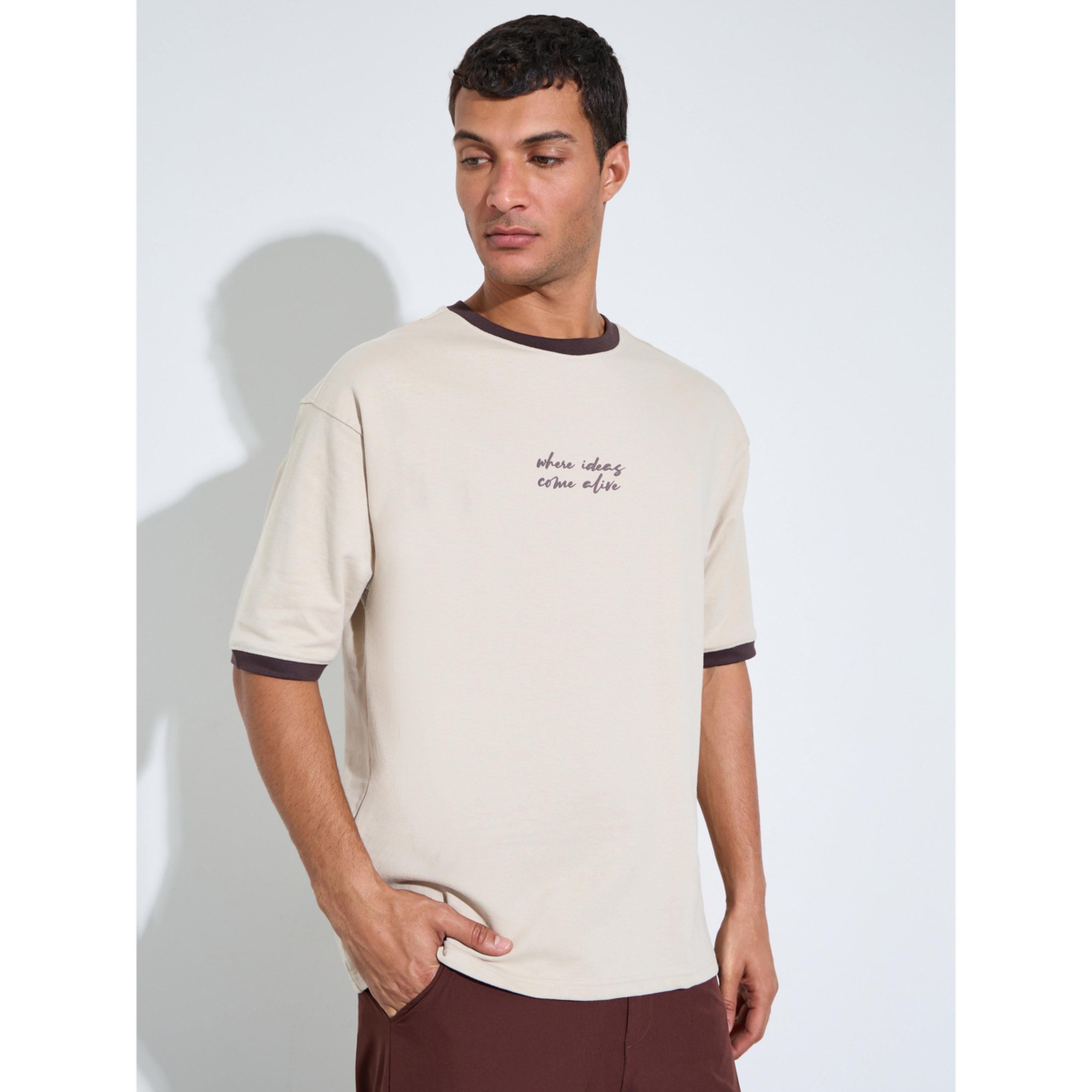 Styli Beige Slogan Print Contrast Trims Oversized T-Shirt-men-clothing-tshirtsandpolos-tshirts-image-1