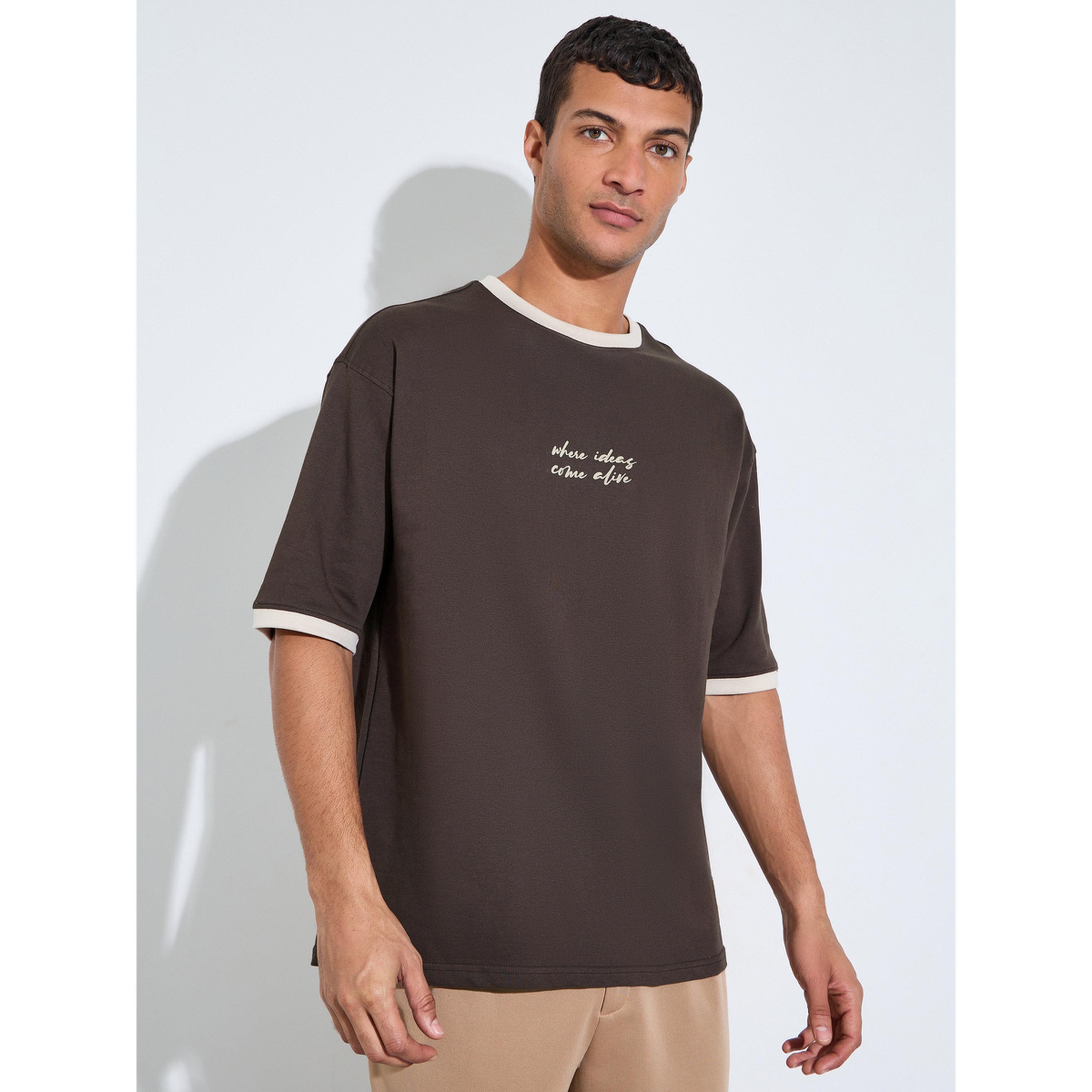 Styli Brown Slogan Print Contrast Trims Oversized T-Shirt-men-clothing-tshirtsandpolos-tshirts-image-1