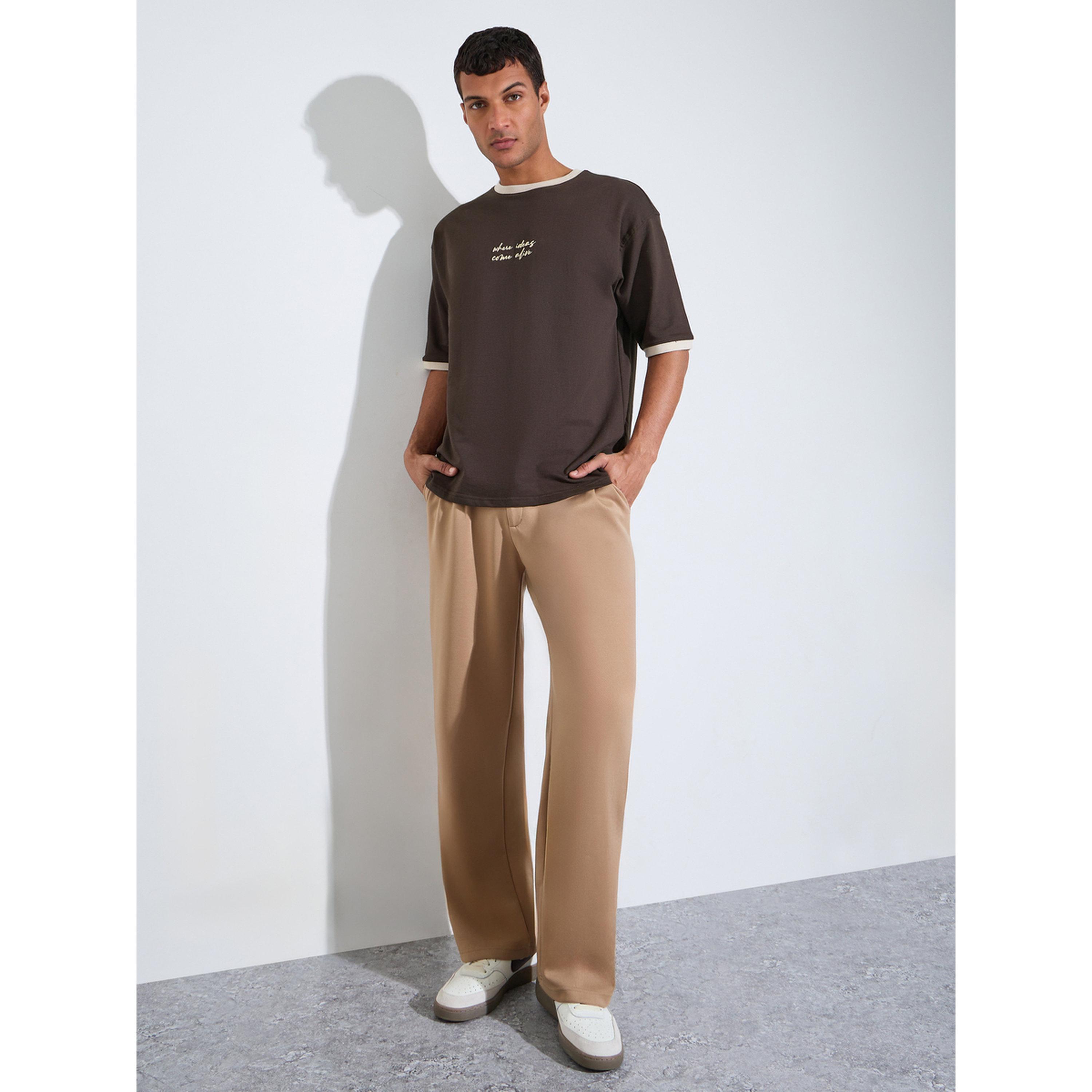 Styli Brown Slogan Print Contrast Trims Oversized T-Shirt-men-clothing-tshirtsandpolos-tshirts-image-2