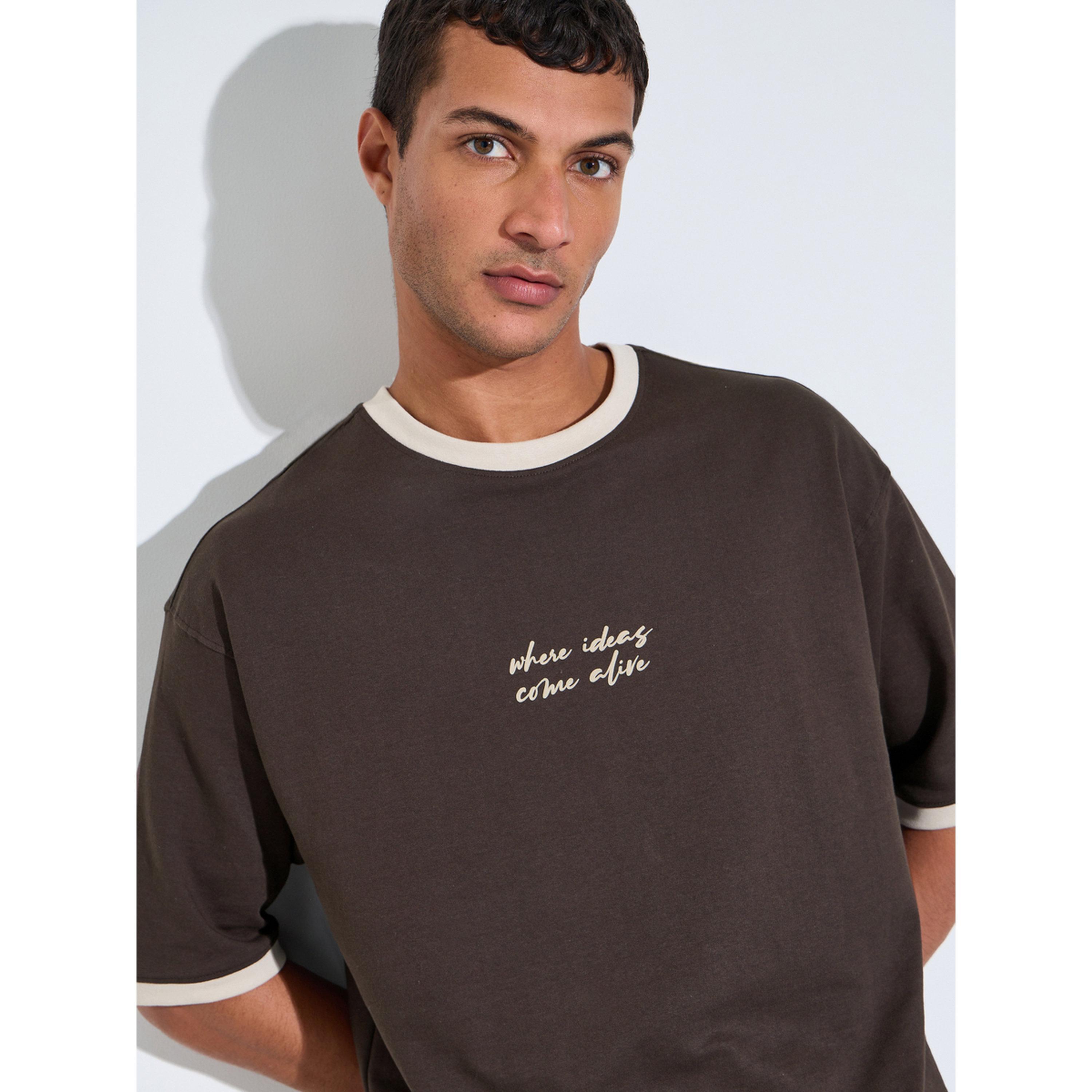 Styli Brown Slogan Print Contrast Trims Oversized T-Shirt-men-clothing-tshirtsandpolos-tshirts-image-5