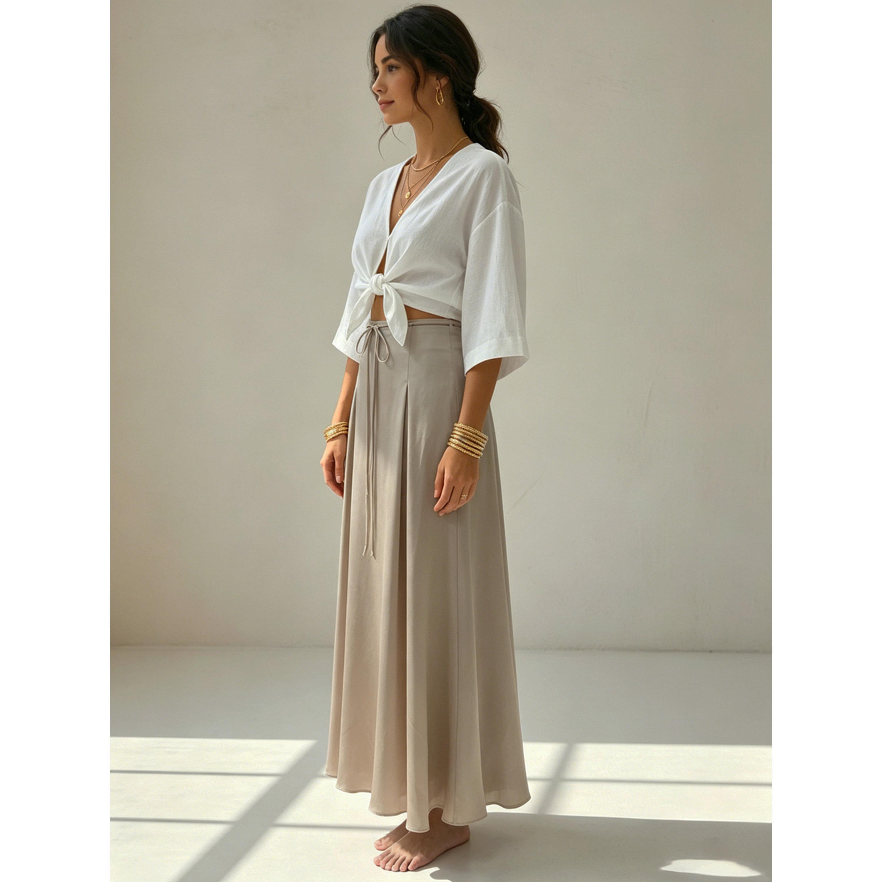 تنورة طويلة بحافة واسعة وتفاصيل كسرات ورابطة خصر باللون البيج-women-clothing-skirts-image-4
