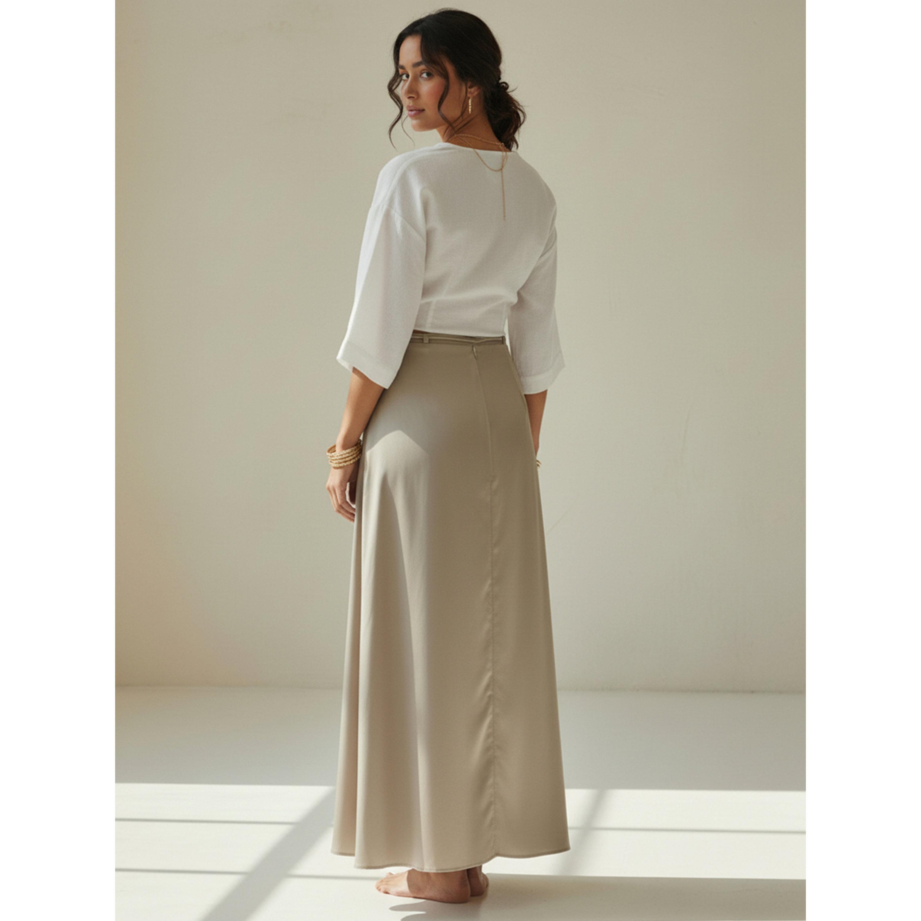 تنورة طويلة بحافة واسعة وتفاصيل كسرات ورابطة خصر باللون البيج-women-clothing-skirts-image-6