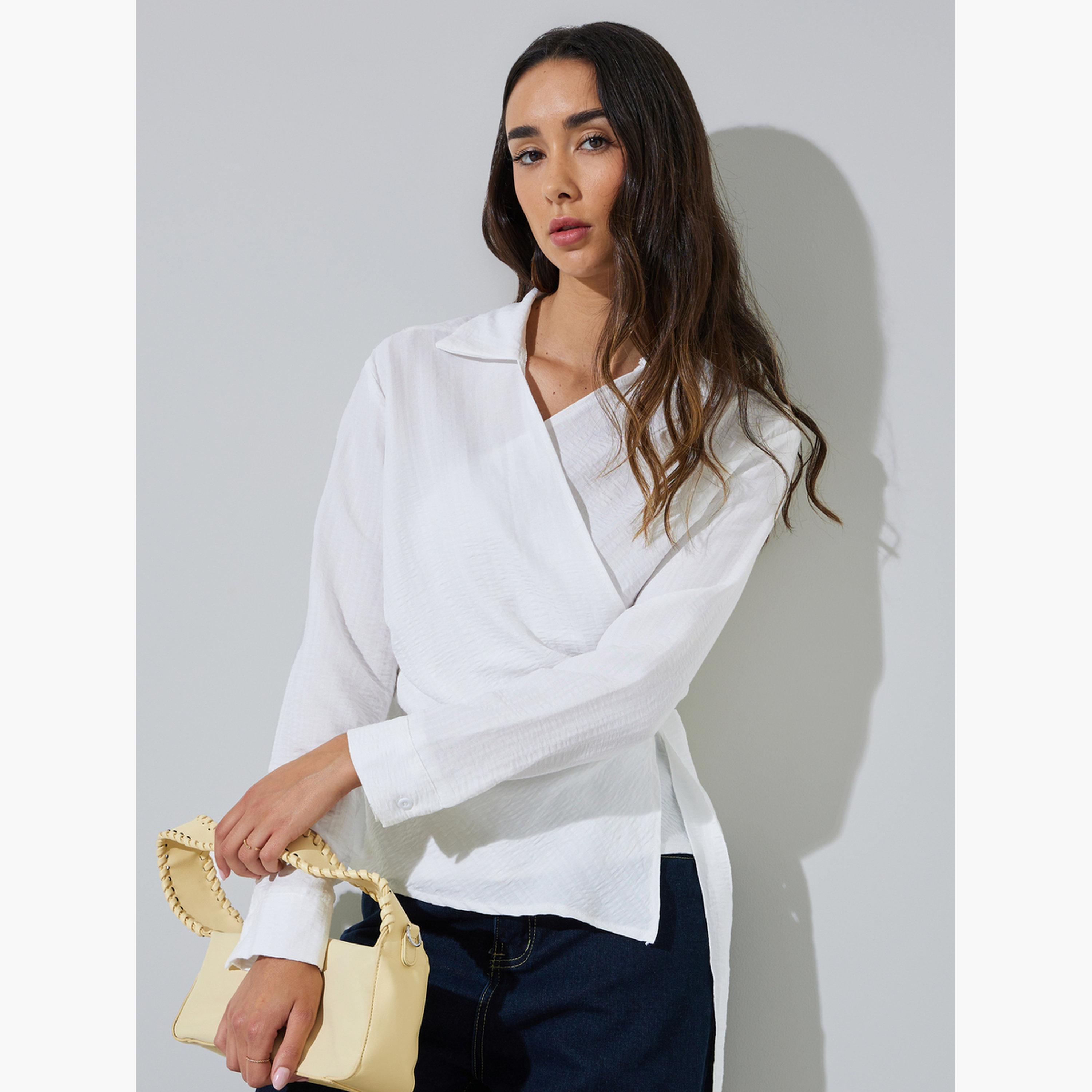 بلوزة بقصة ملفوفة وأكمام طويلة وتفاصيل بارزة الملمس-women-clothing-shirtsandblouses-blouses-image-1