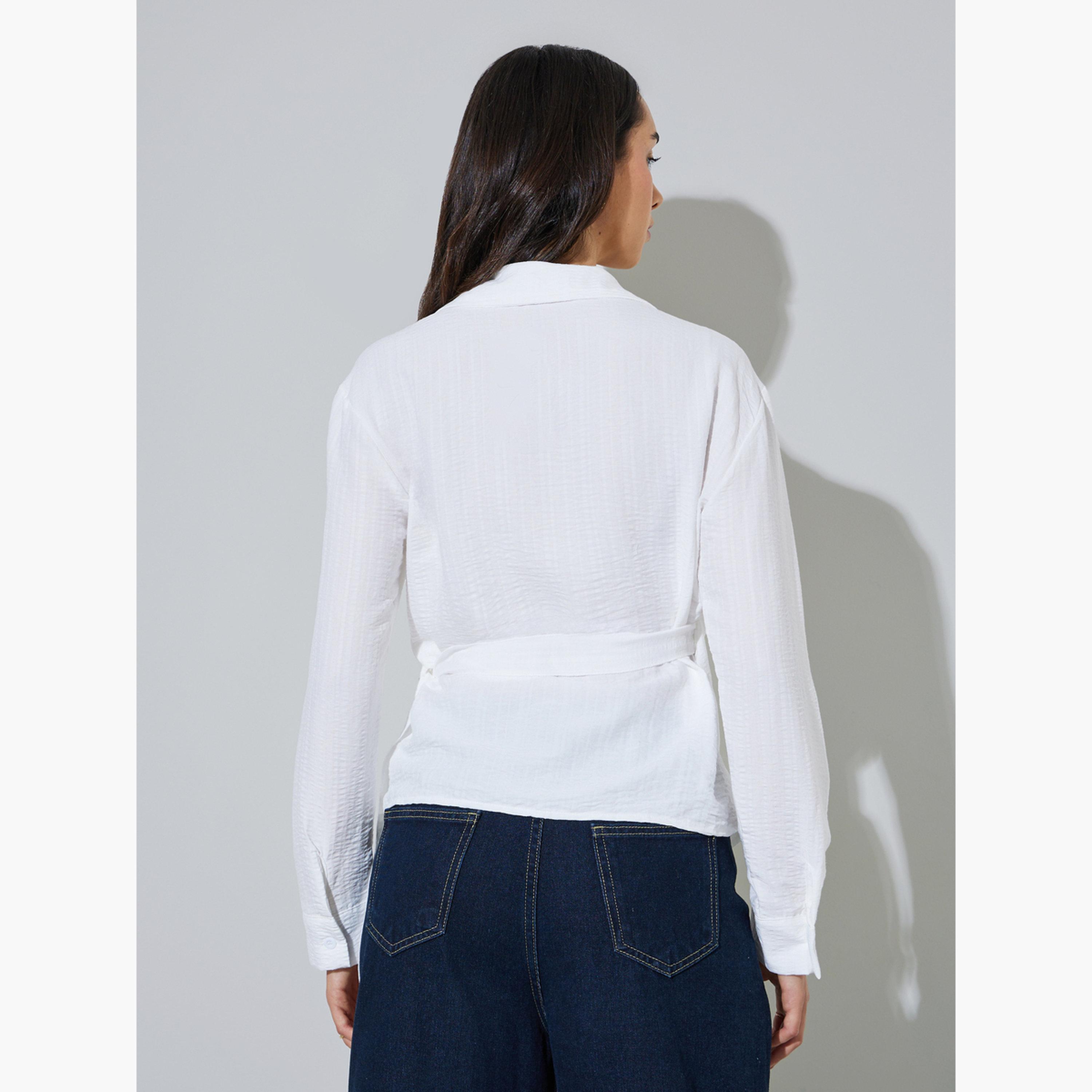 بلوزة بقصة ملفوفة وأكمام طويلة وتفاصيل بارزة الملمس-women-clothing-shirtsandblouses-blouses-image-4
