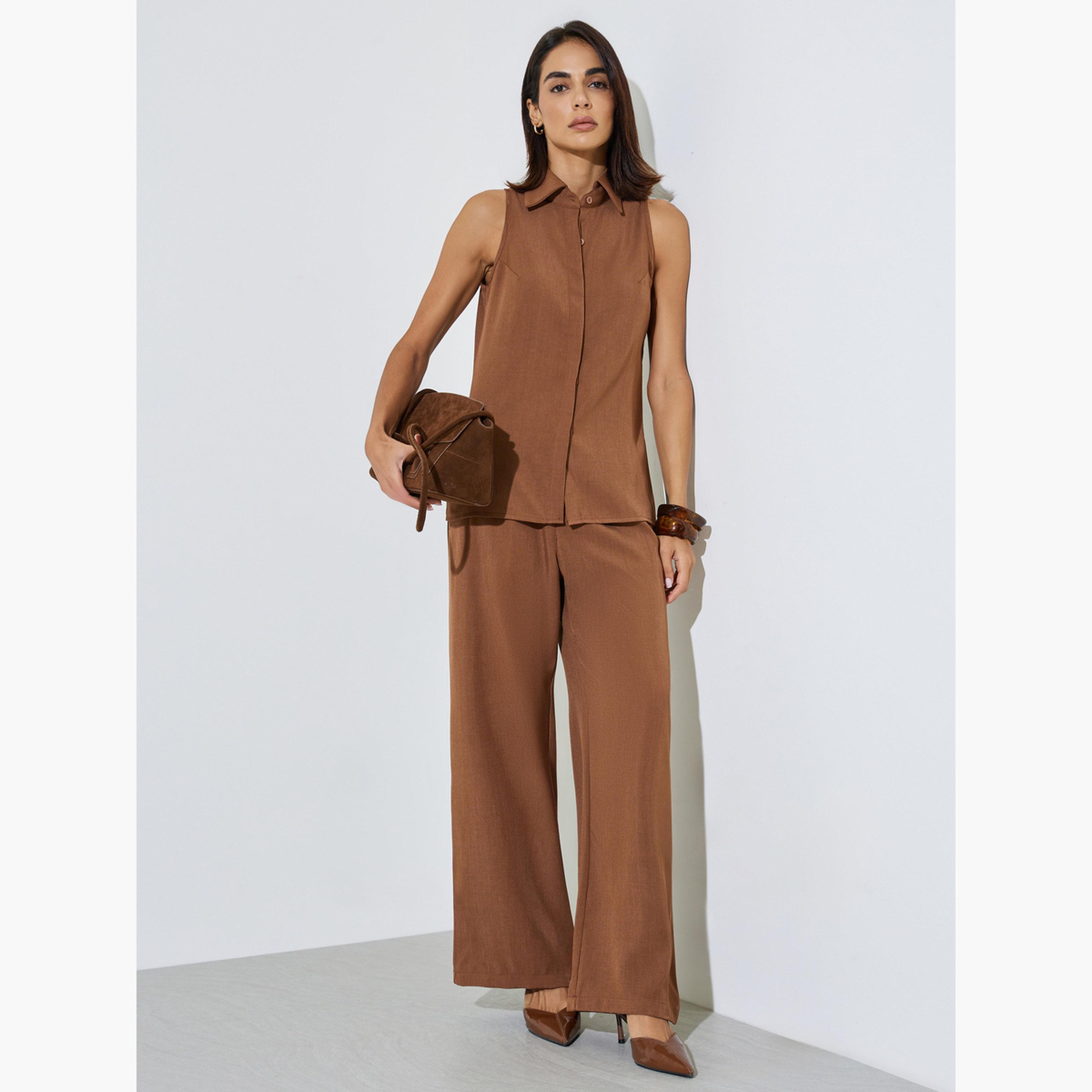 Styli Brown Sleeveless Top and Wide Leg Trousers Co-ord Set-women-clothing-coordsets-image-1