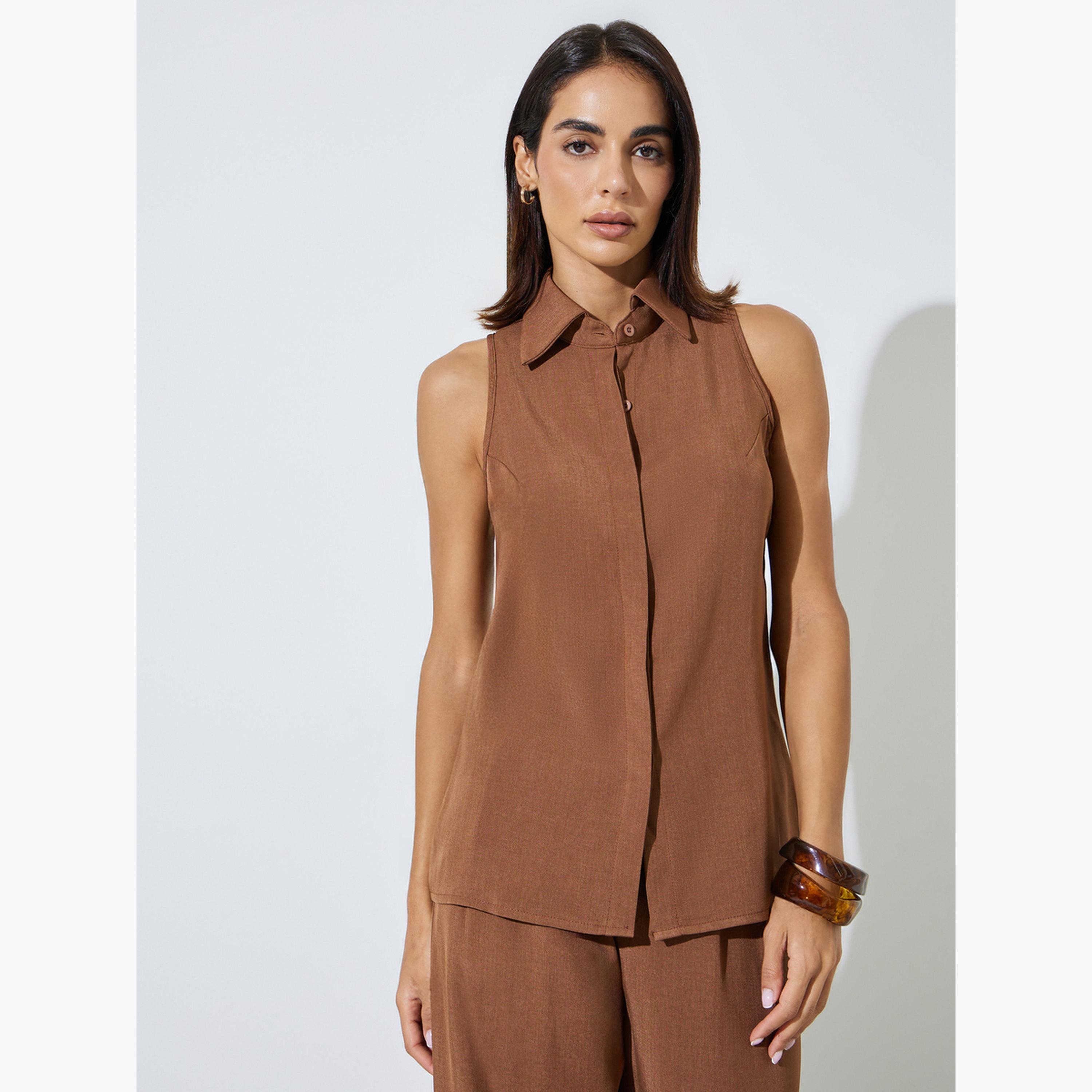 Styli Brown Sleeveless Top and Wide Leg Trousers Co-ord Set-women-clothing-coordsets-image-2