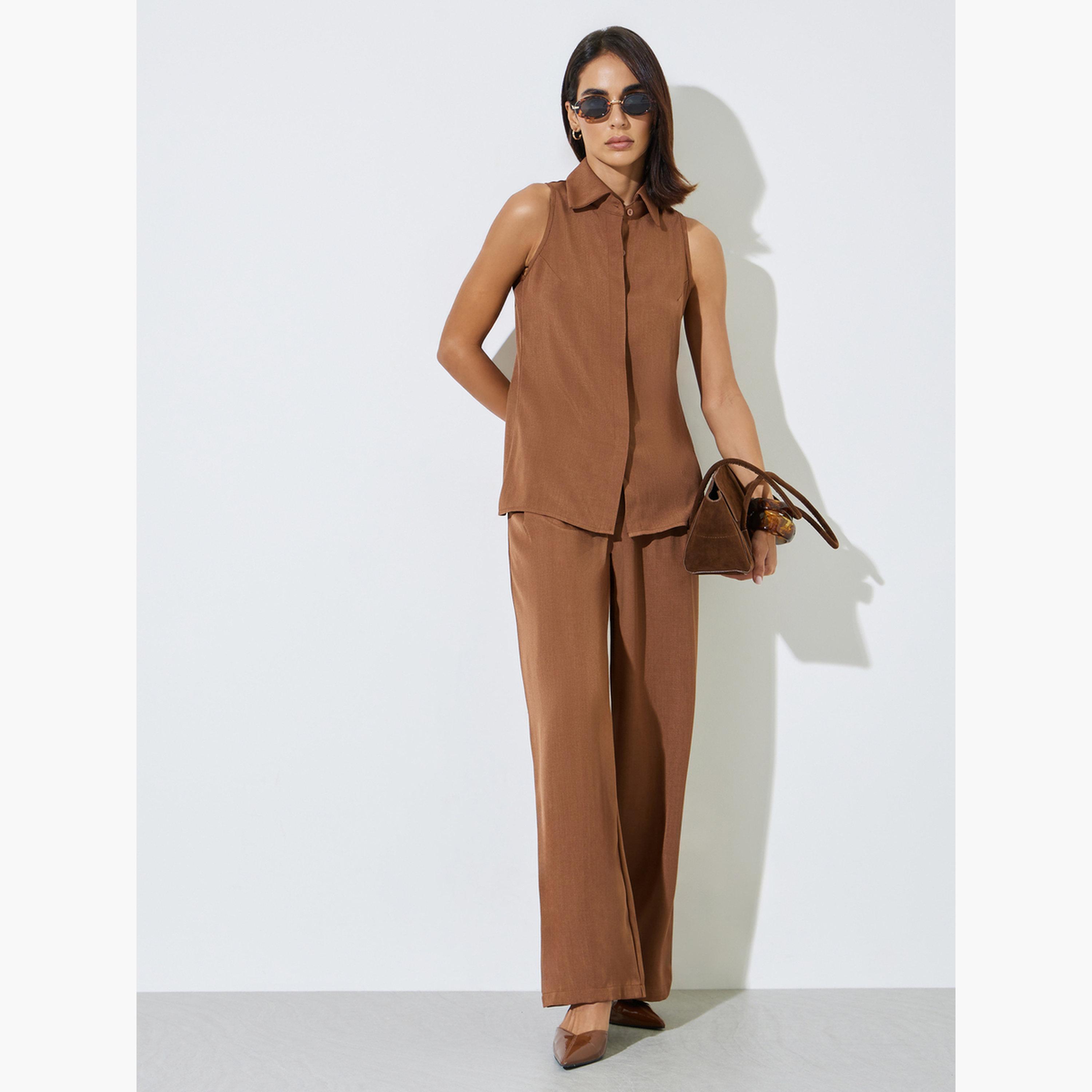 Styli Brown Sleeveless Top and Wide Leg Trousers Co-ord Set-women-clothing-coordsets-image-3