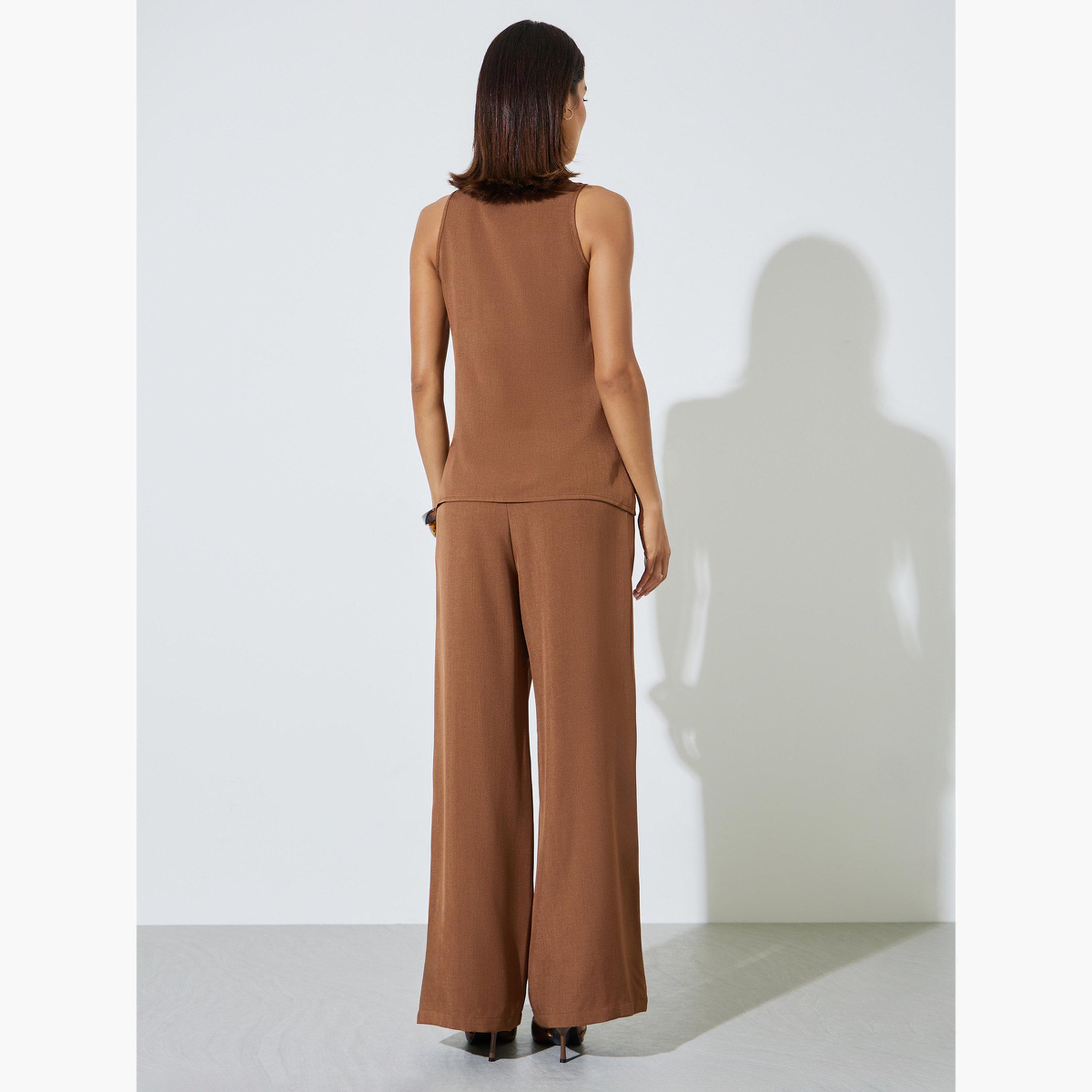 Styli Brown Sleeveless Top and Wide Leg Trousers Co-ord Set-women-clothing-coordsets-image-4