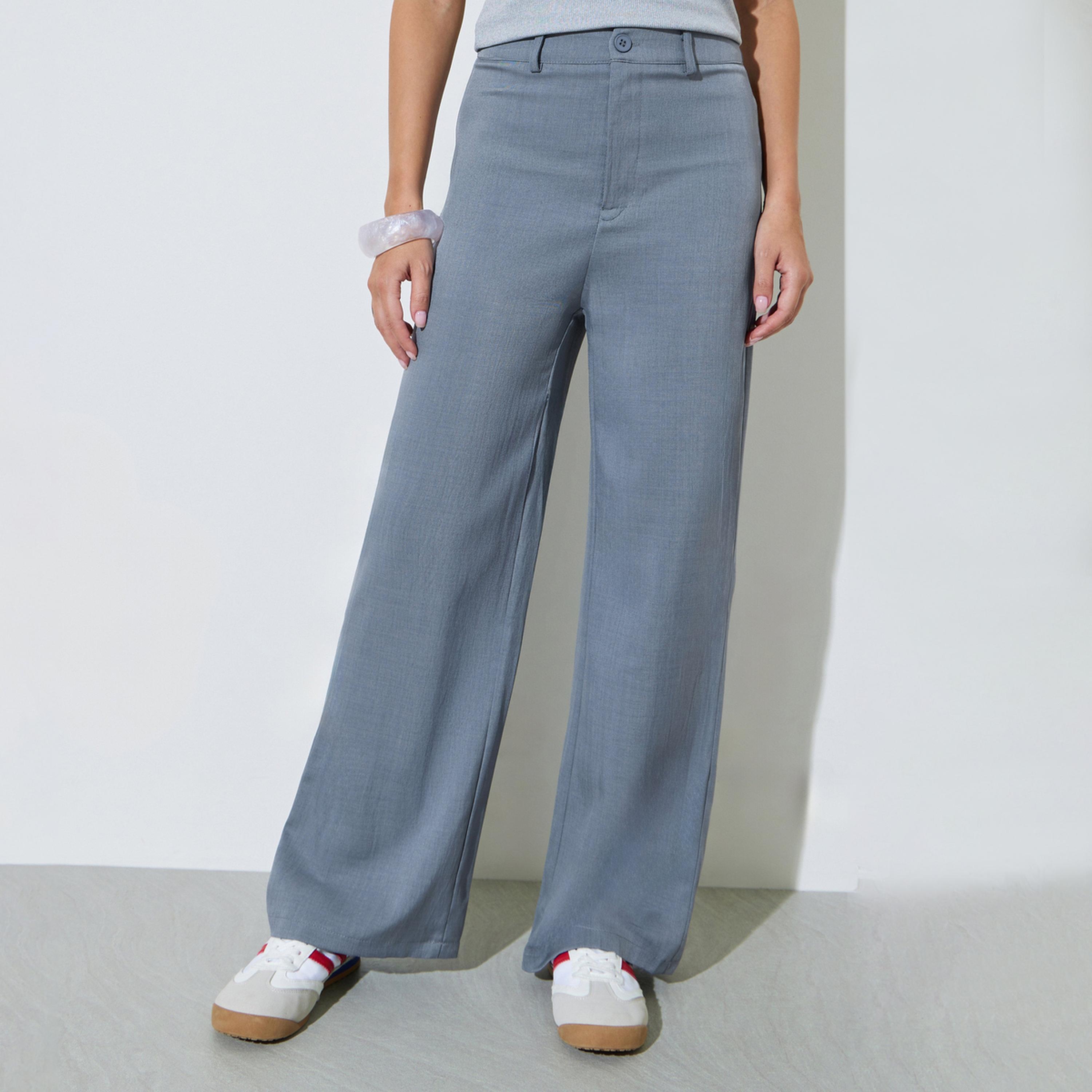 Styli Grey Solid Wide Leg Casual Pants-women-clothing-bottoms-trousers-image-1