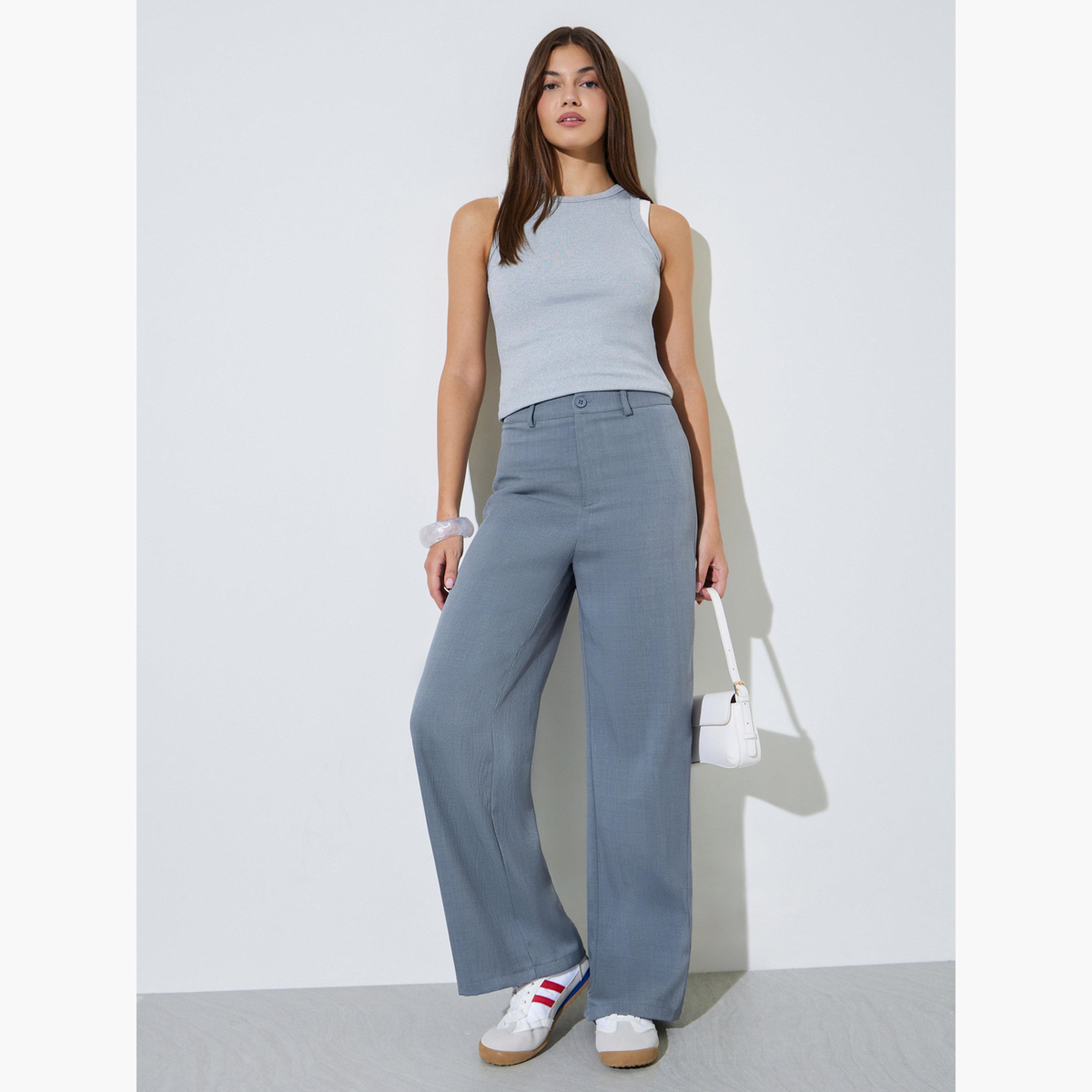 Styli Grey Solid Wide Leg Casual Pants-women-clothing-bottoms-trousers-image-2