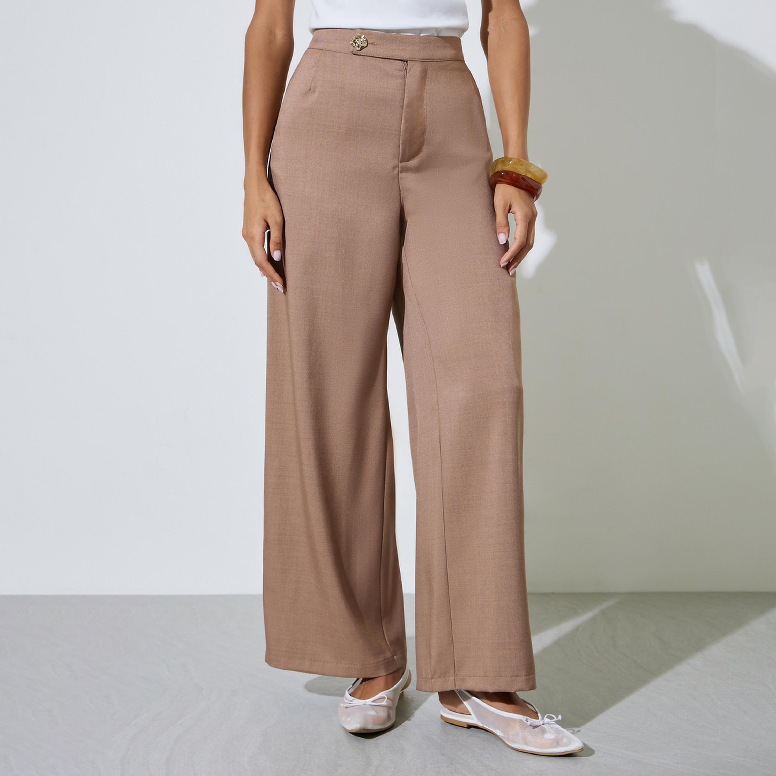 Styli Brown Palazzo Pants with Metal Button Detail-women-clothing-bottoms-joggers-image-1
