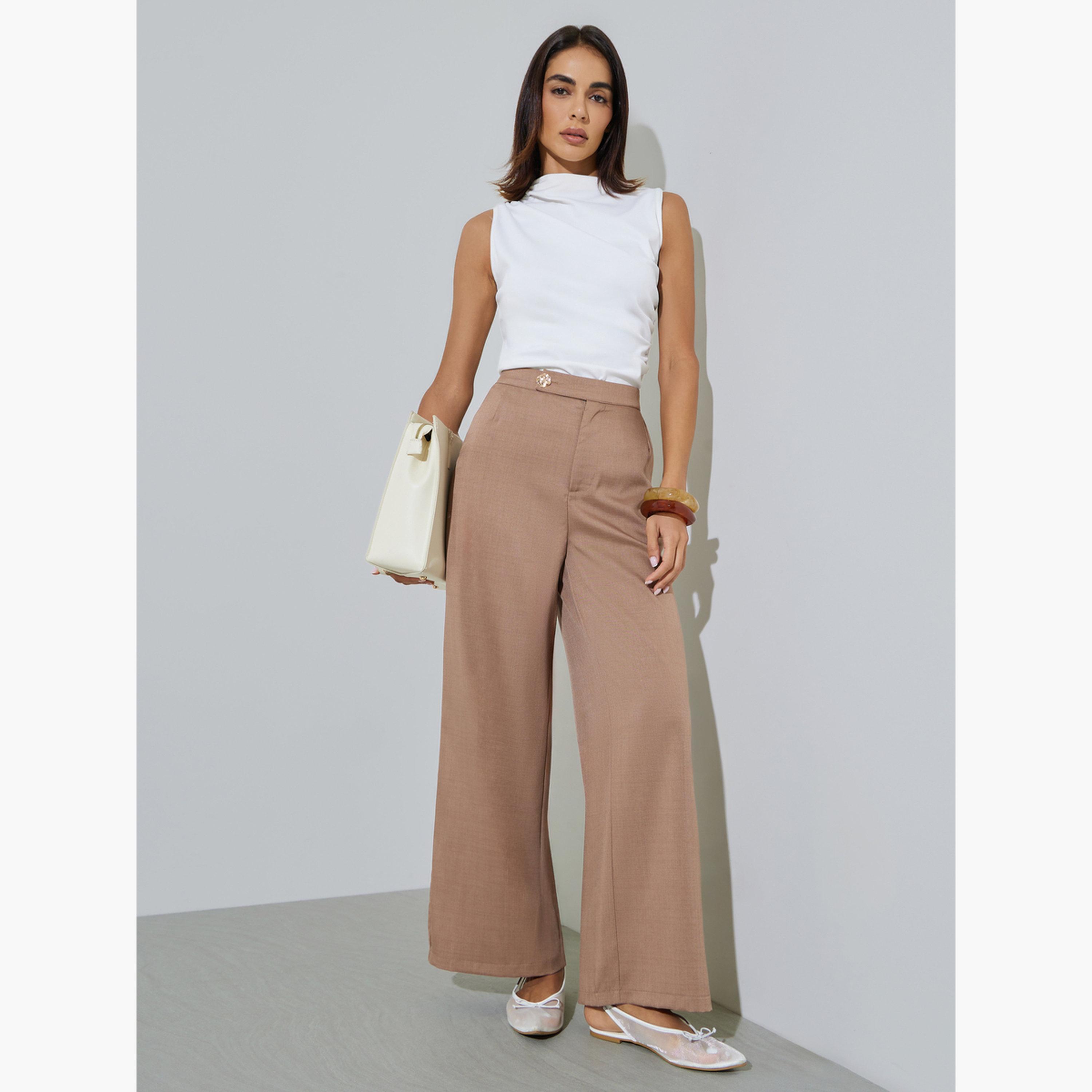 Styli Brown Palazzo Pants with Metal Button Detail-women-clothing-bottoms-joggers-image-2