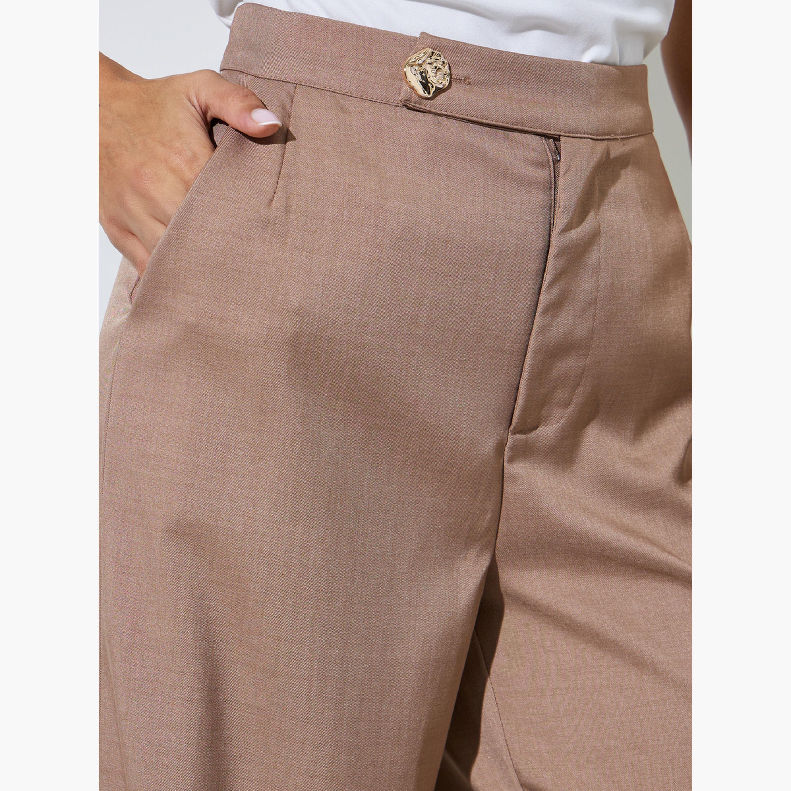 Styli Brown Palazzo Pants with Metal Button Detail-women-clothing-bottoms-joggers-image-3