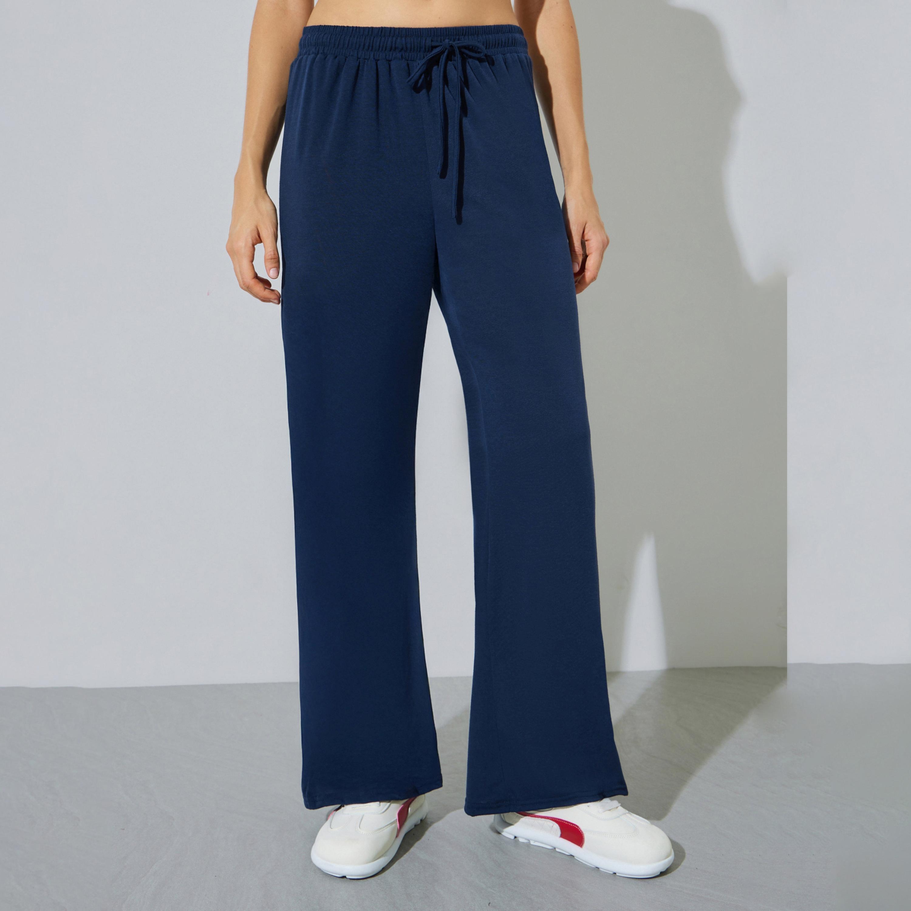 Styli Dark Blue Wide Leg Joggers with Drawstring Waist-women-clothing-bottoms-joggers-image-1