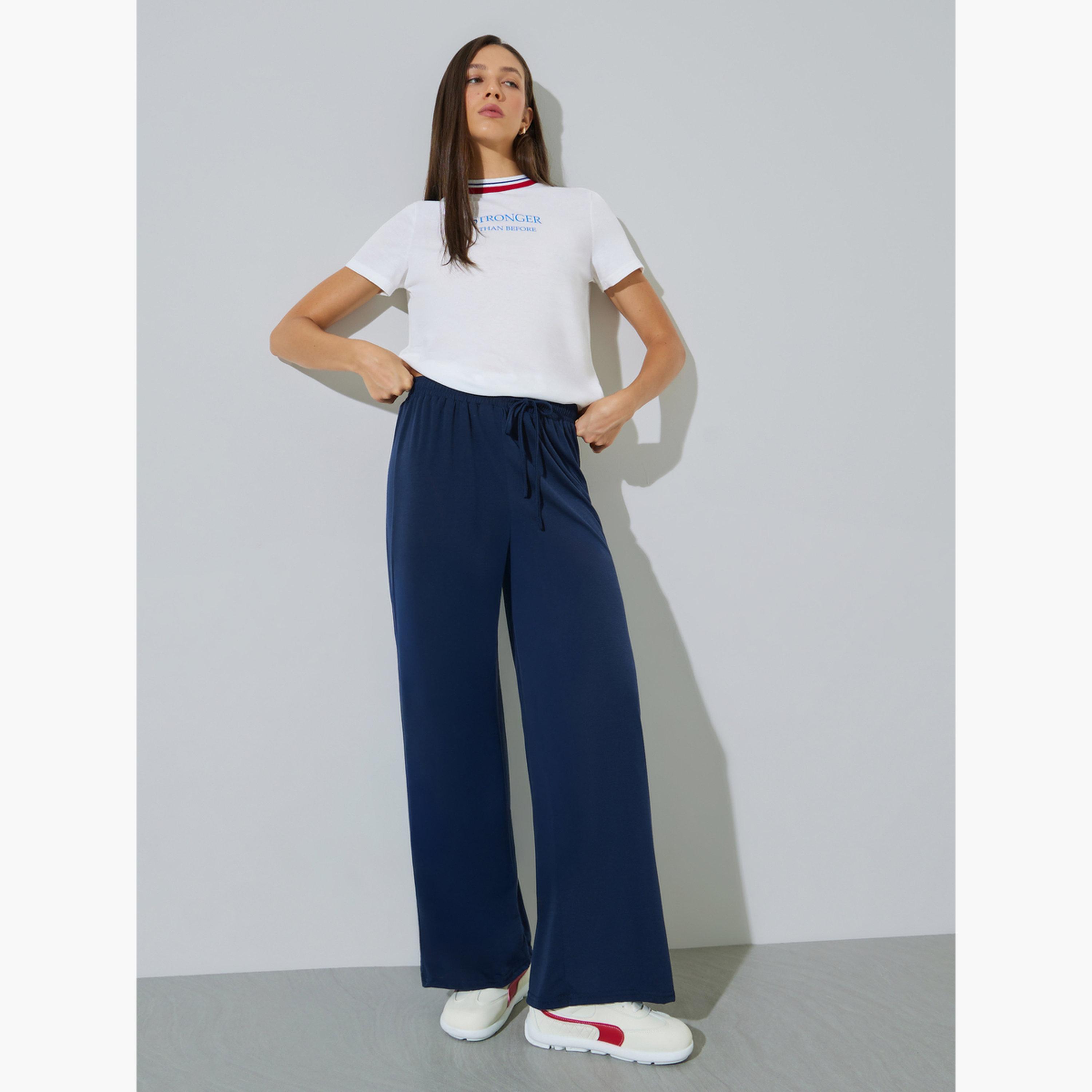 Styli Dark Blue Wide Leg Joggers with Drawstring Waist-women-clothing-bottoms-joggers-image-2