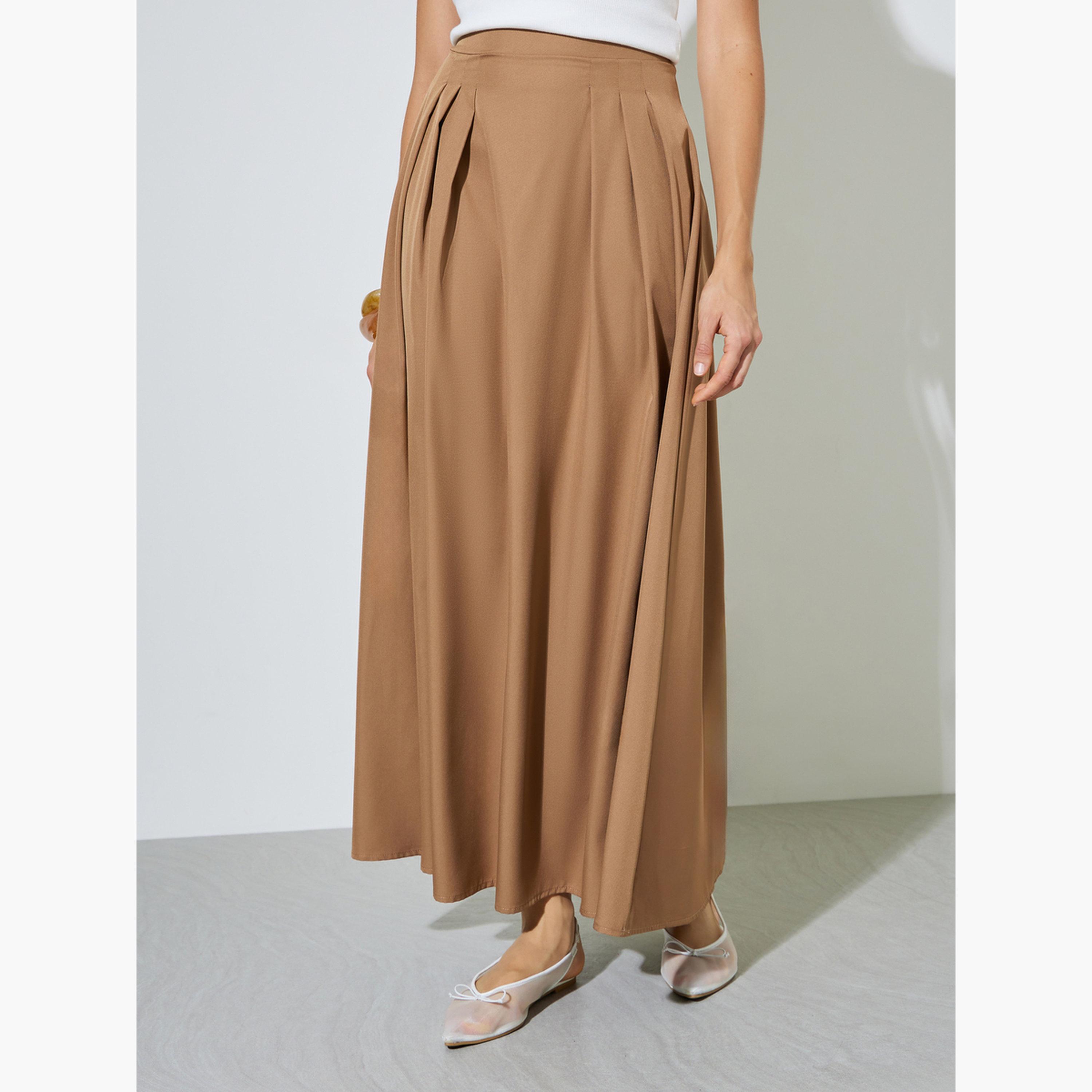 Styli Khaki Fold Pleated A-Line Maxi Skirt-women-clothing-bottoms-skirts-image-1