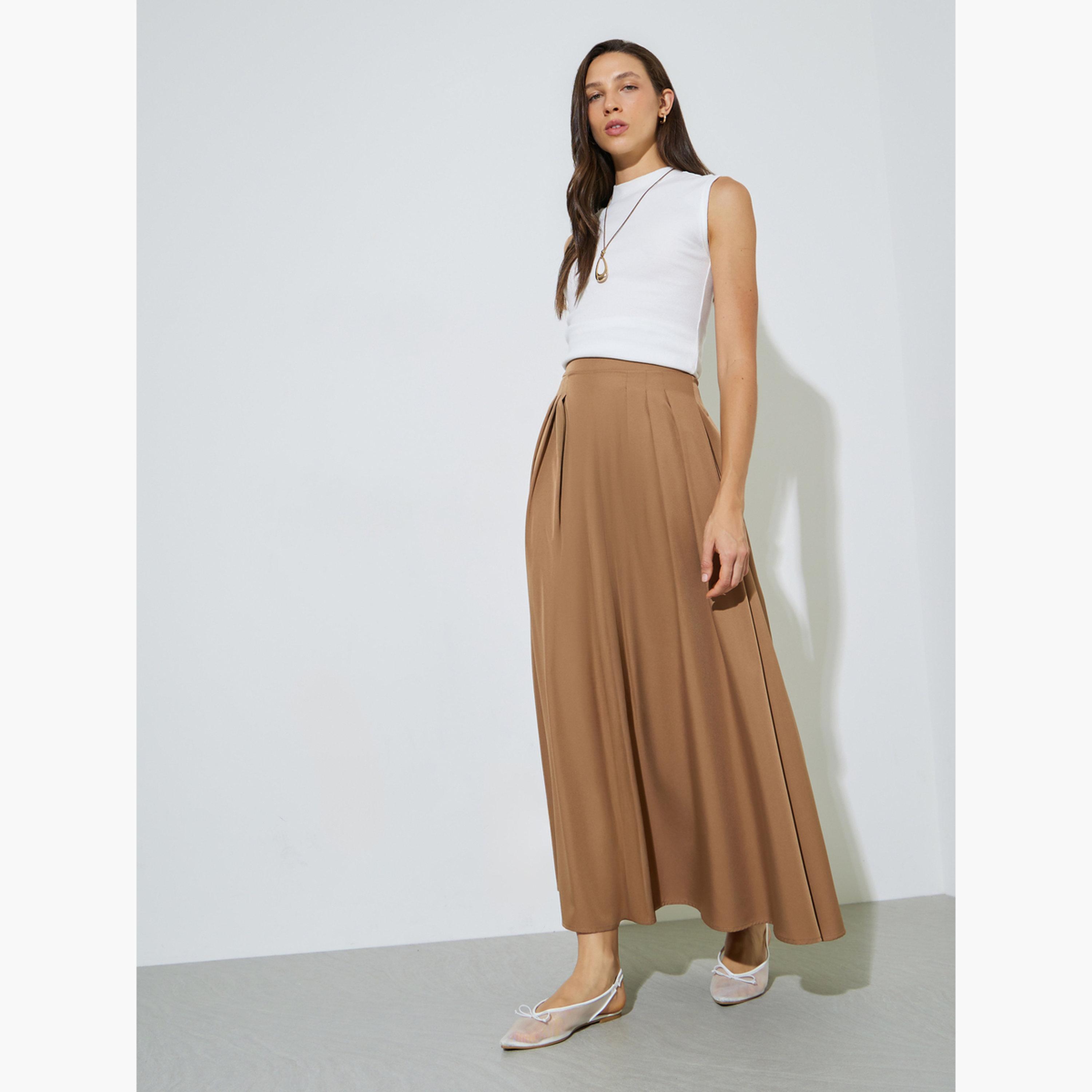 ستايلي - تنورة ماكسي مطوية بكسرات على شكل حرف A بلون الكاكي-women-clothing-bottoms-skirts-image-2