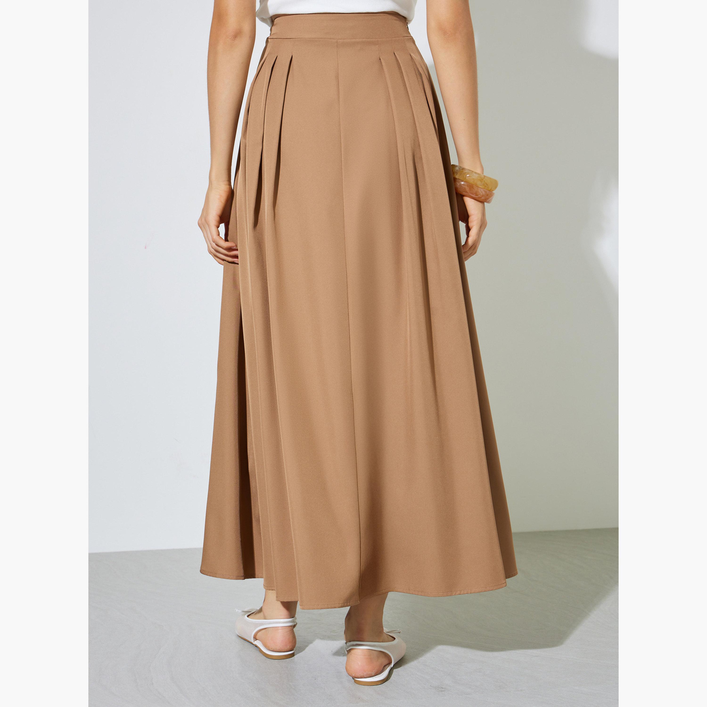 ستايلي - تنورة ماكسي مطوية بكسرات على شكل حرف A بلون الكاكي-women-clothing-bottoms-skirts-image-4