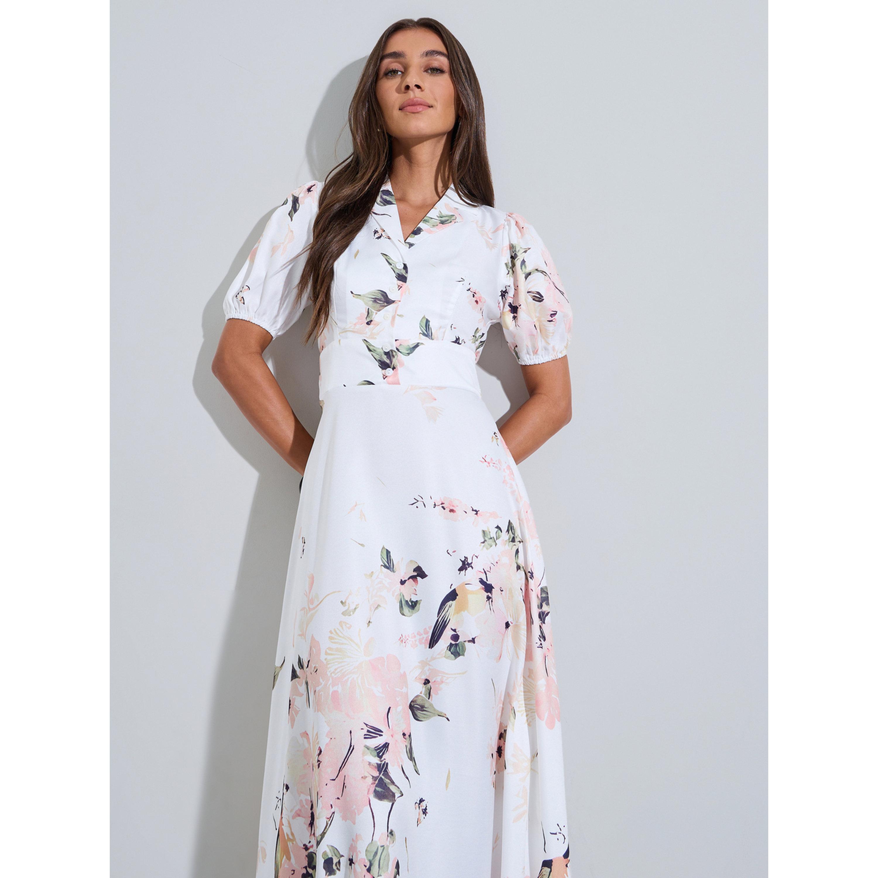 فستان قميص طويل بأكمام قصيرة منتفخة وتفاصيل ثنيات بطبعة زهور بلون أوف وايت-women-clothing-dresses-image-2