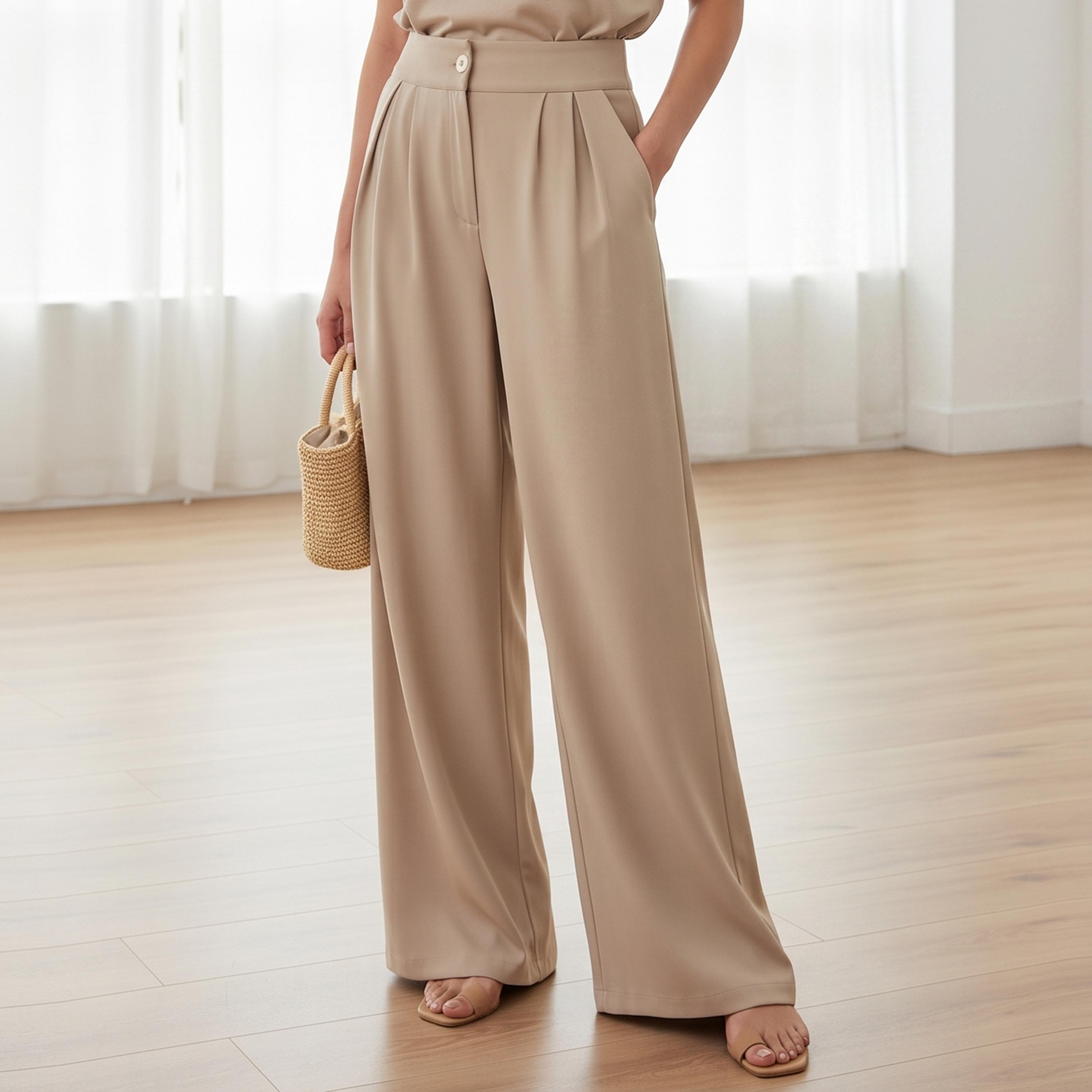 Take Two Beige Solid High-Waist Wide-Leg Pleated Trousers-women-clothing-trousers-image-1