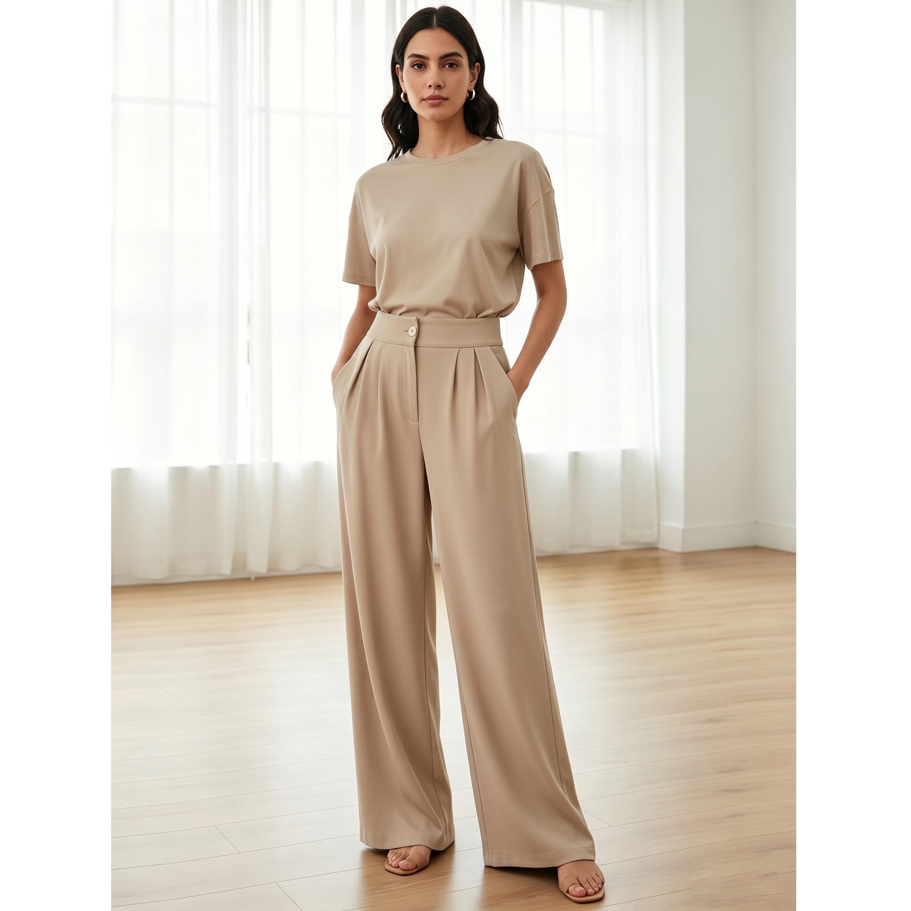 Take Two Beige Solid High-Waist Wide-Leg Pleated Trousers-women-clothing-trousers-image-2