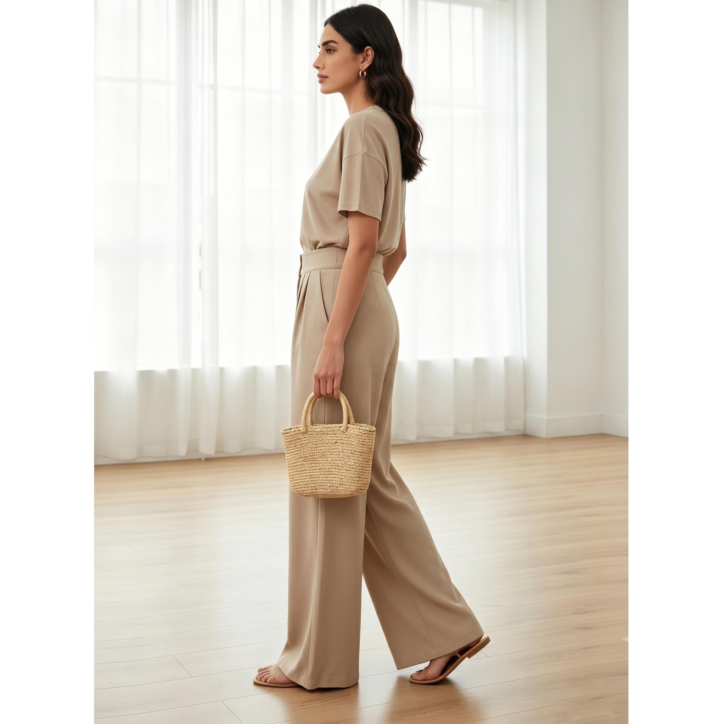Take Two Beige Solid High-Waist Wide-Leg Pleated Trousers-women-clothing-trousers-image-3