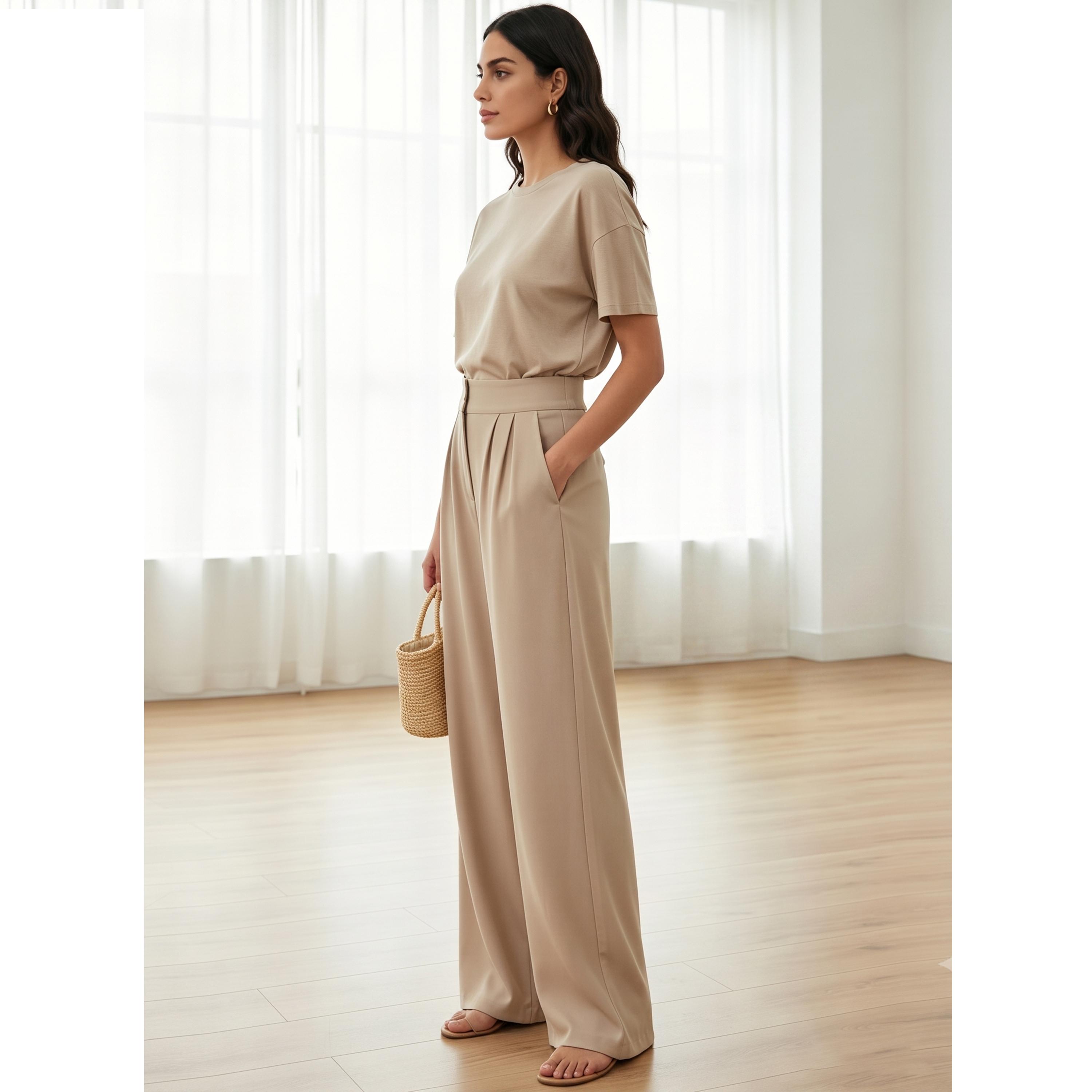 Take Two Beige Solid High-Waist Wide-Leg Pleated Trousers-women-clothing-trousers-image-4