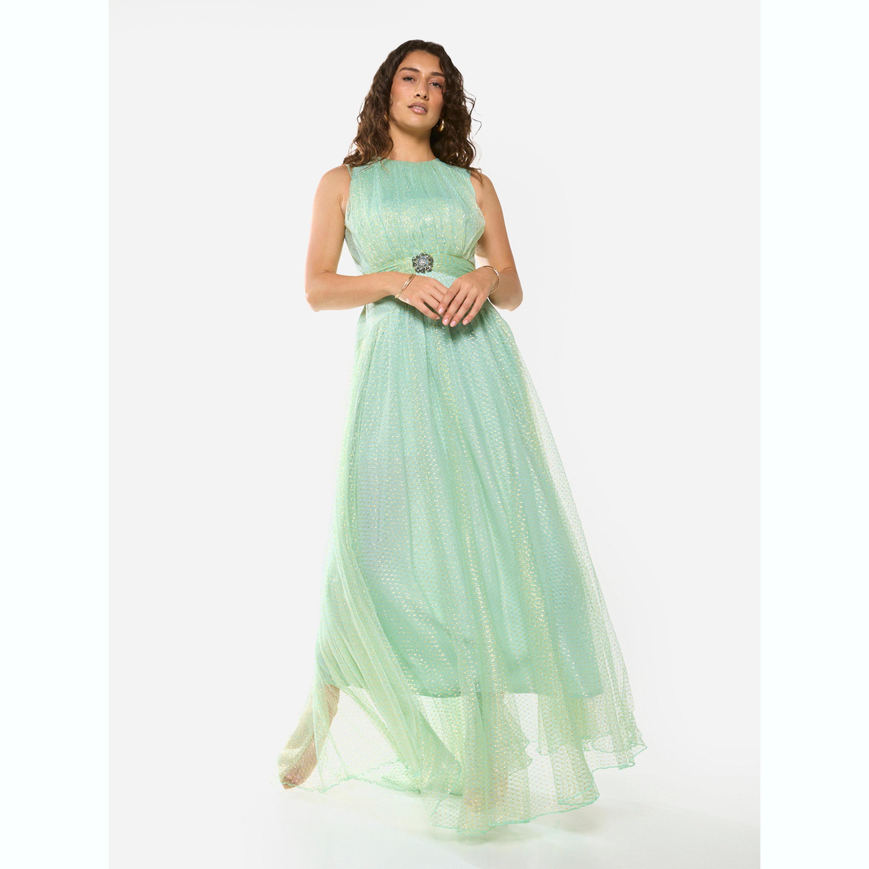 فستان طويل بطبقة شبكية وتفاصيل بارزة الملمس-women-clothing-dresses-image-2