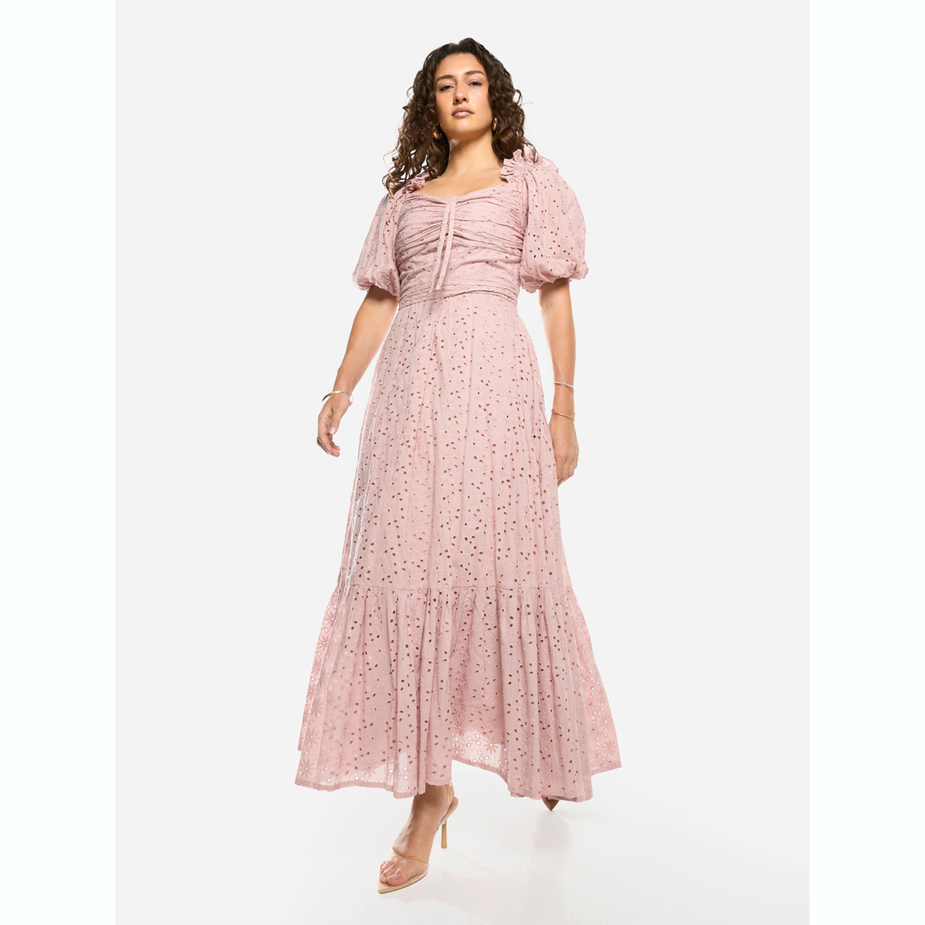 فستان طويل شيفلي بحافة واسعة وأكمام منفوخة-women-clothing-dresses-image-1
