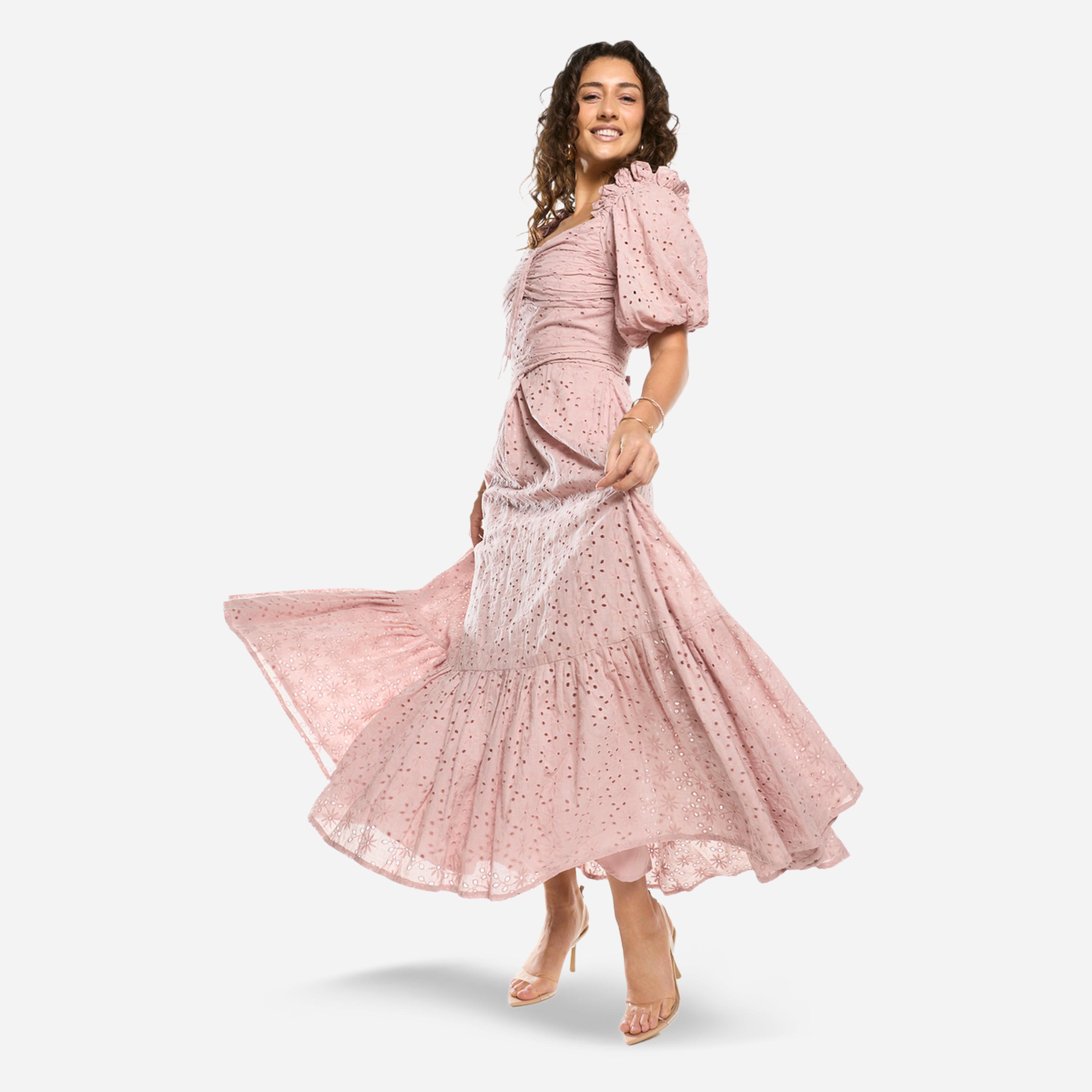 فستان طويل شيفلي بحافة واسعة وأكمام منفوخة-women-clothing-dresses-image-2