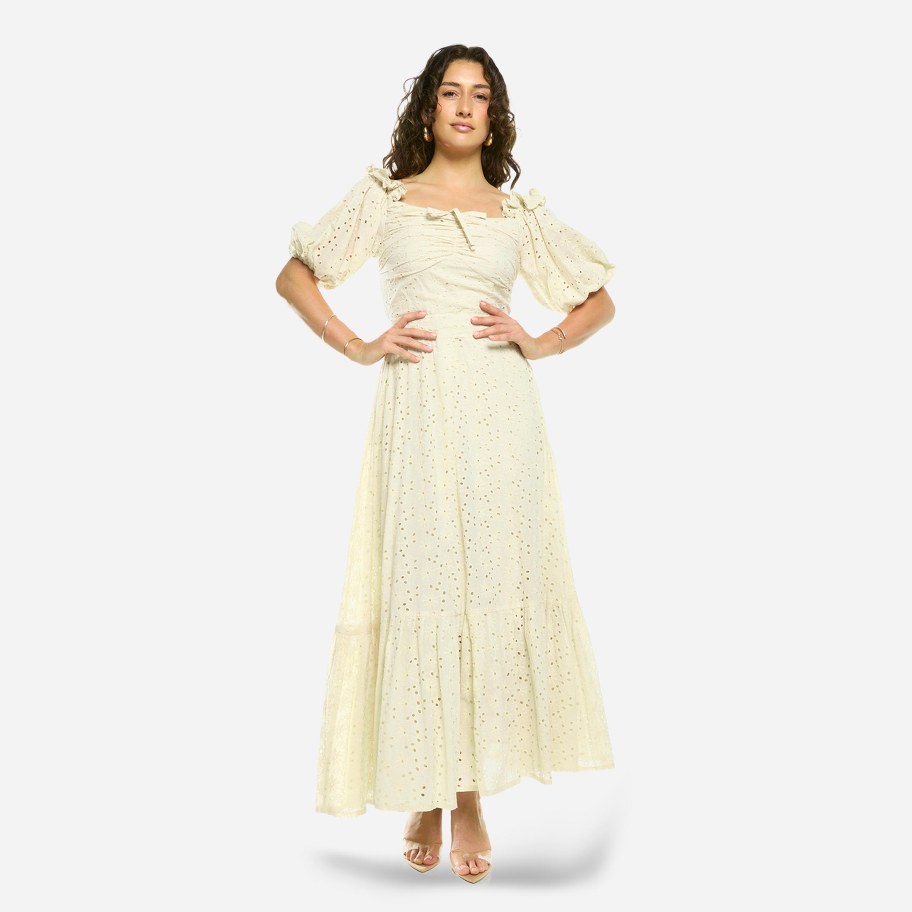 House of Moda X Styli Schiffli Puff Sleeves A-Line Maxi Dress-women-clothing-dresses-image-1