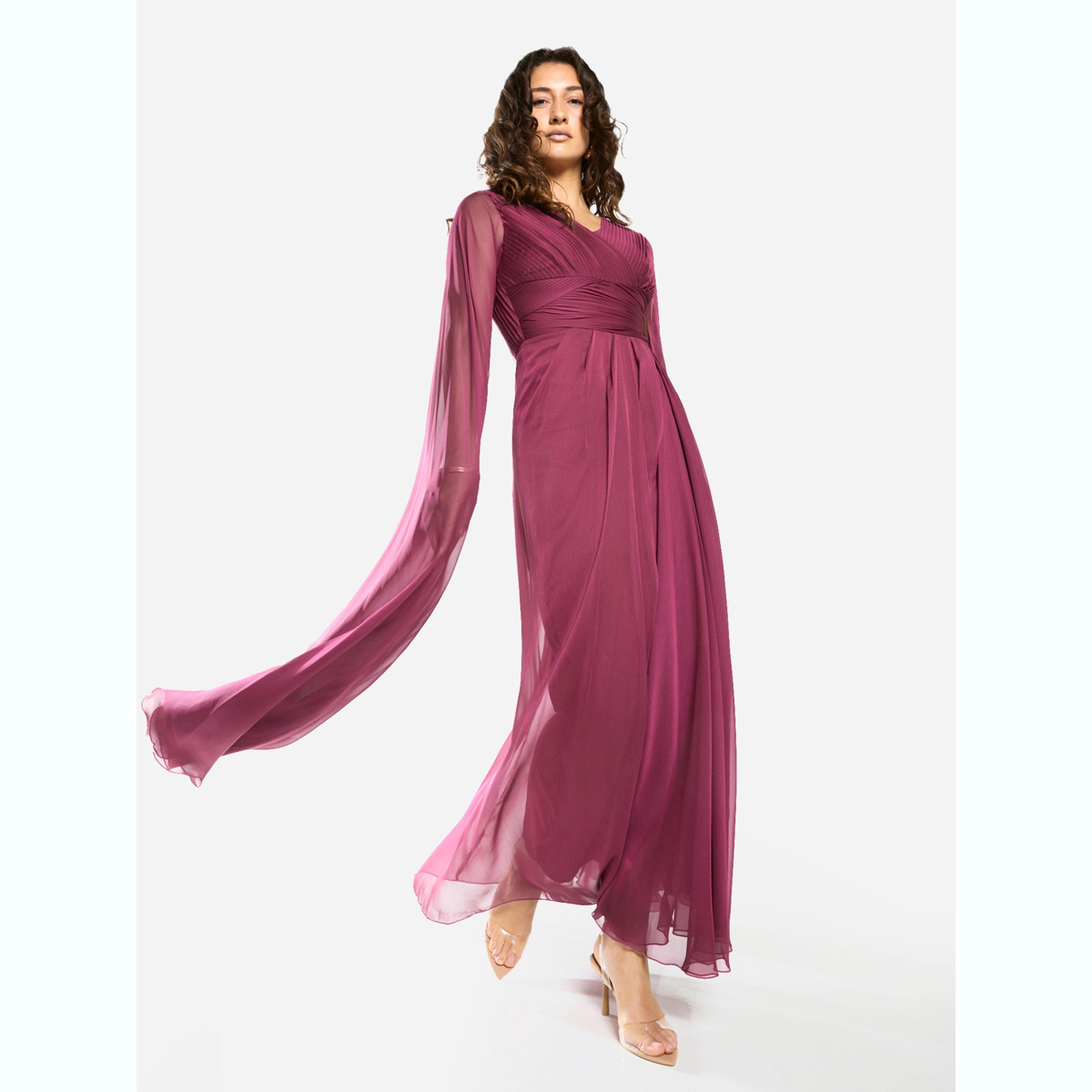 فستان طويل بخصر مجمع وجزء علوي بكسرات-women-clothing-dresses-image-2