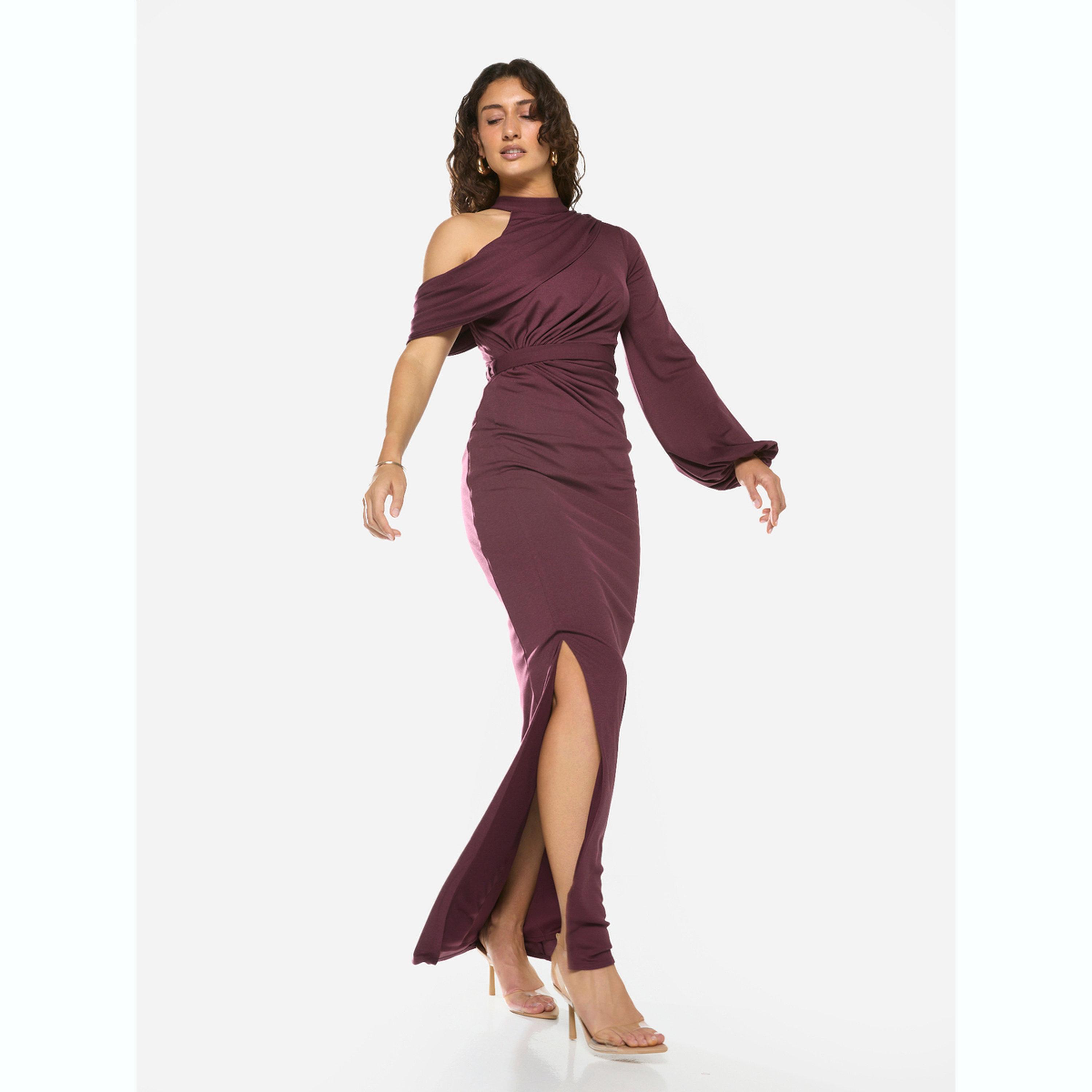 فستان طويل بكم واحد ونمط منسدل غير متماثل-women-clothing-dresses-image-2
