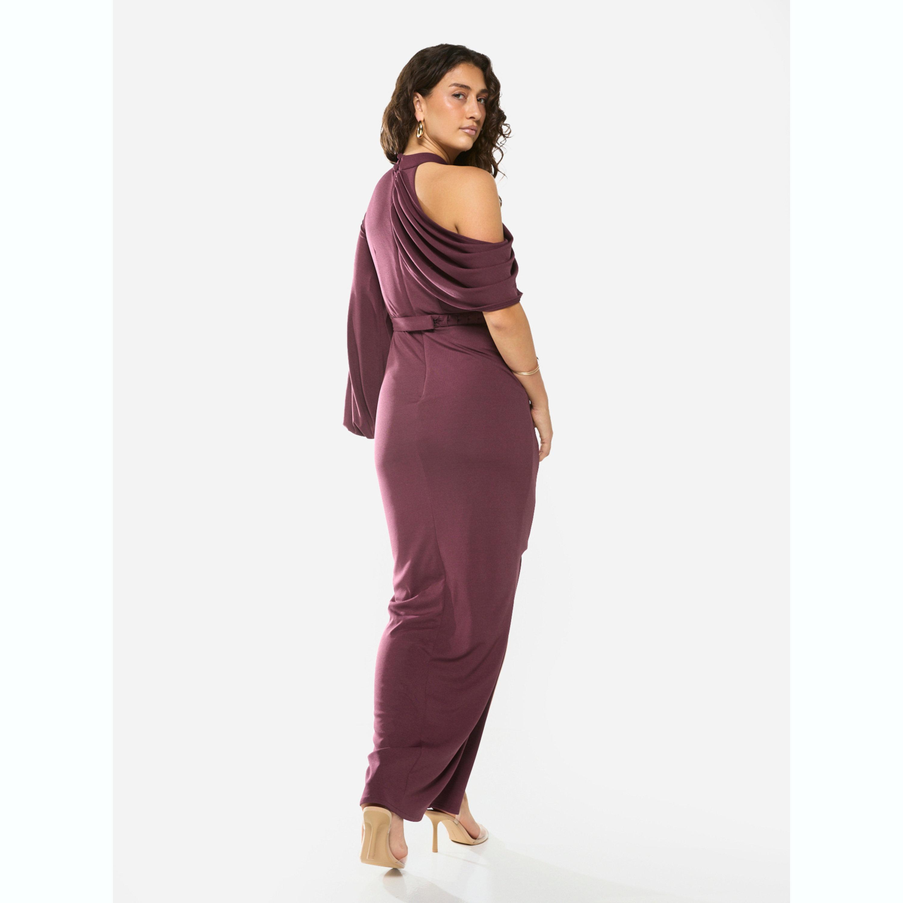 فستان طويل بكم واحد ونمط منسدل غير متماثل-women-clothing-dresses-image-5