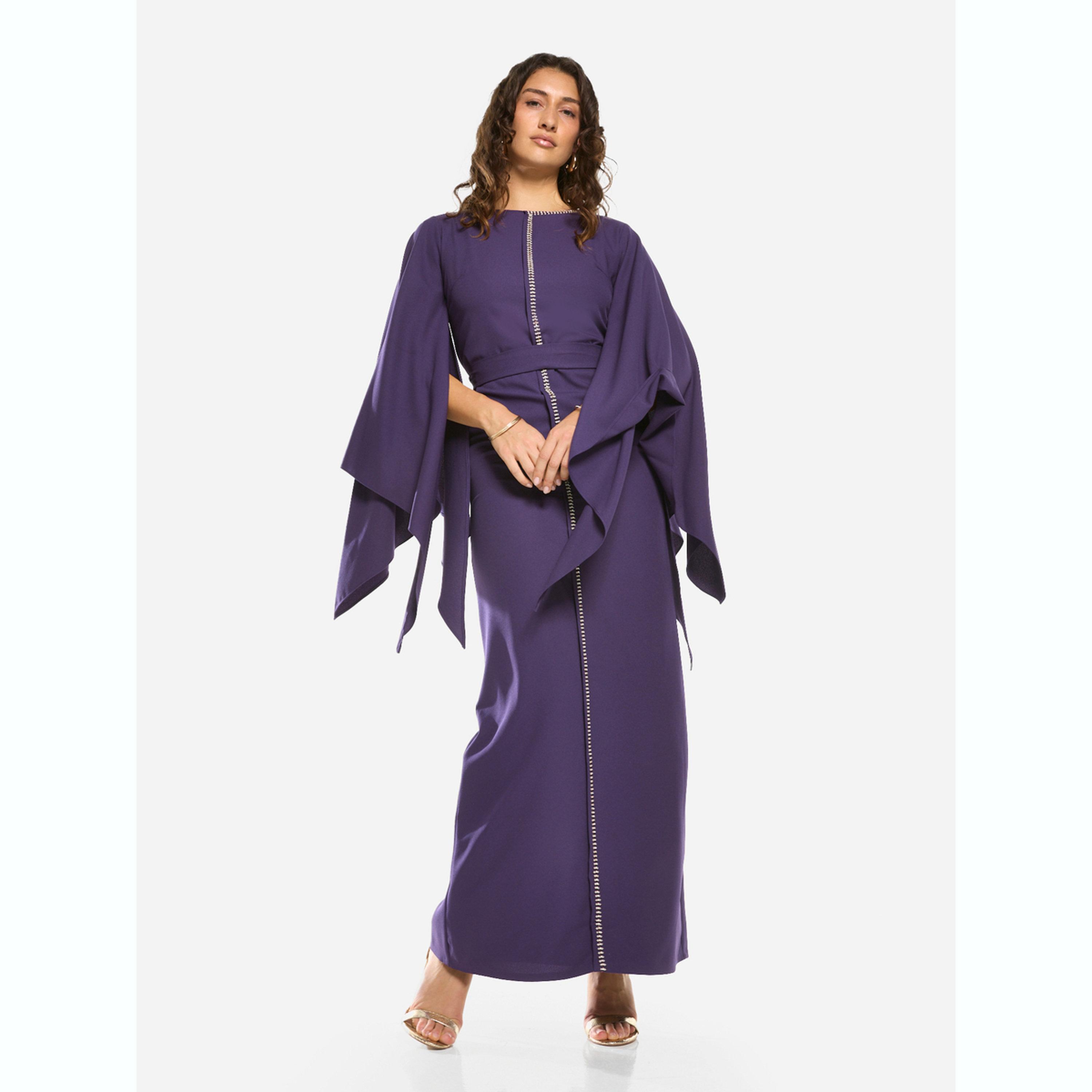 فستان طويل بأكمام كاب بشق وحزام رباط-women-clothing-dresses-image-1