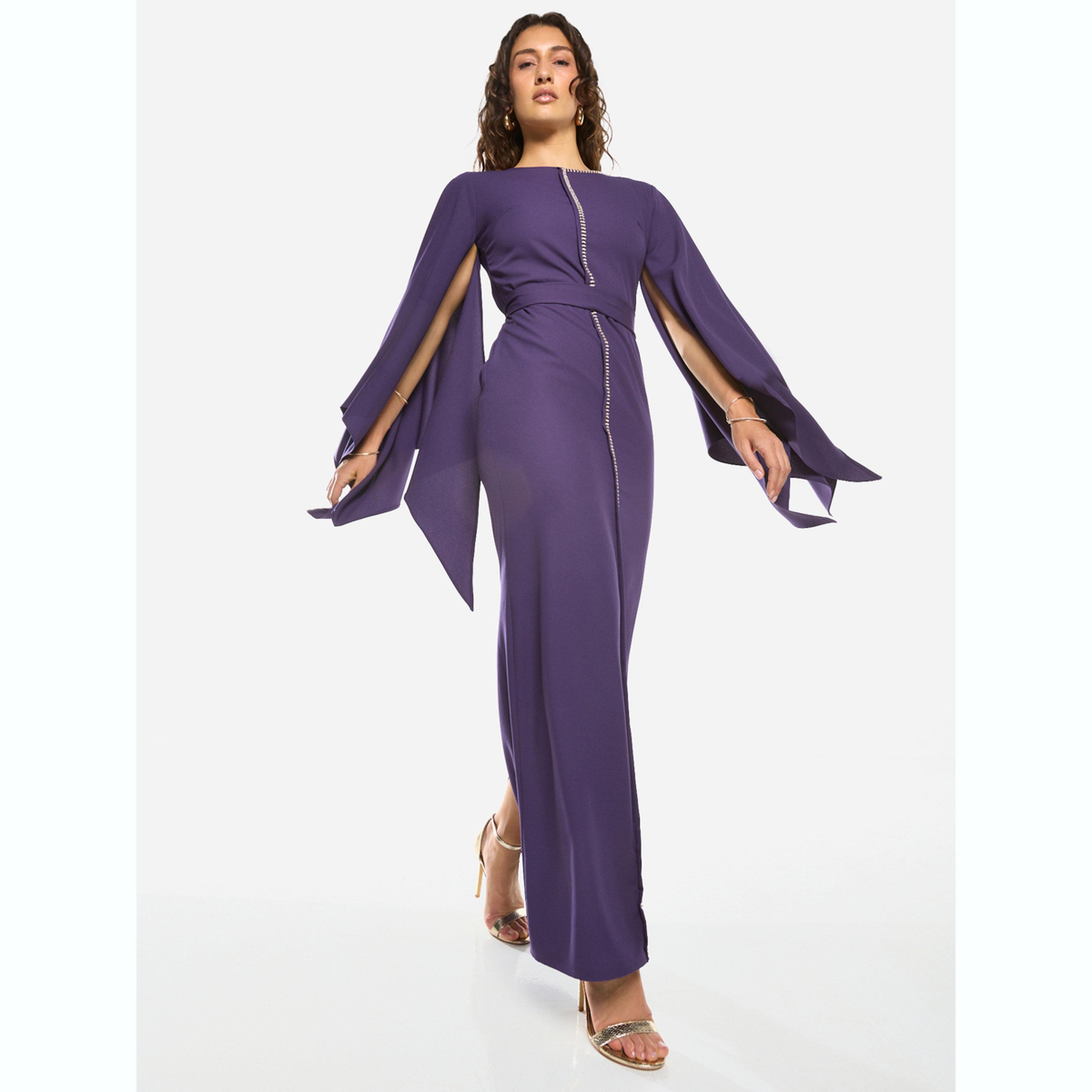 House of Moda X Styli Slit Cape Sleeve Tie-Belt Maxi Dress-women-clothing-dresses-image-2
