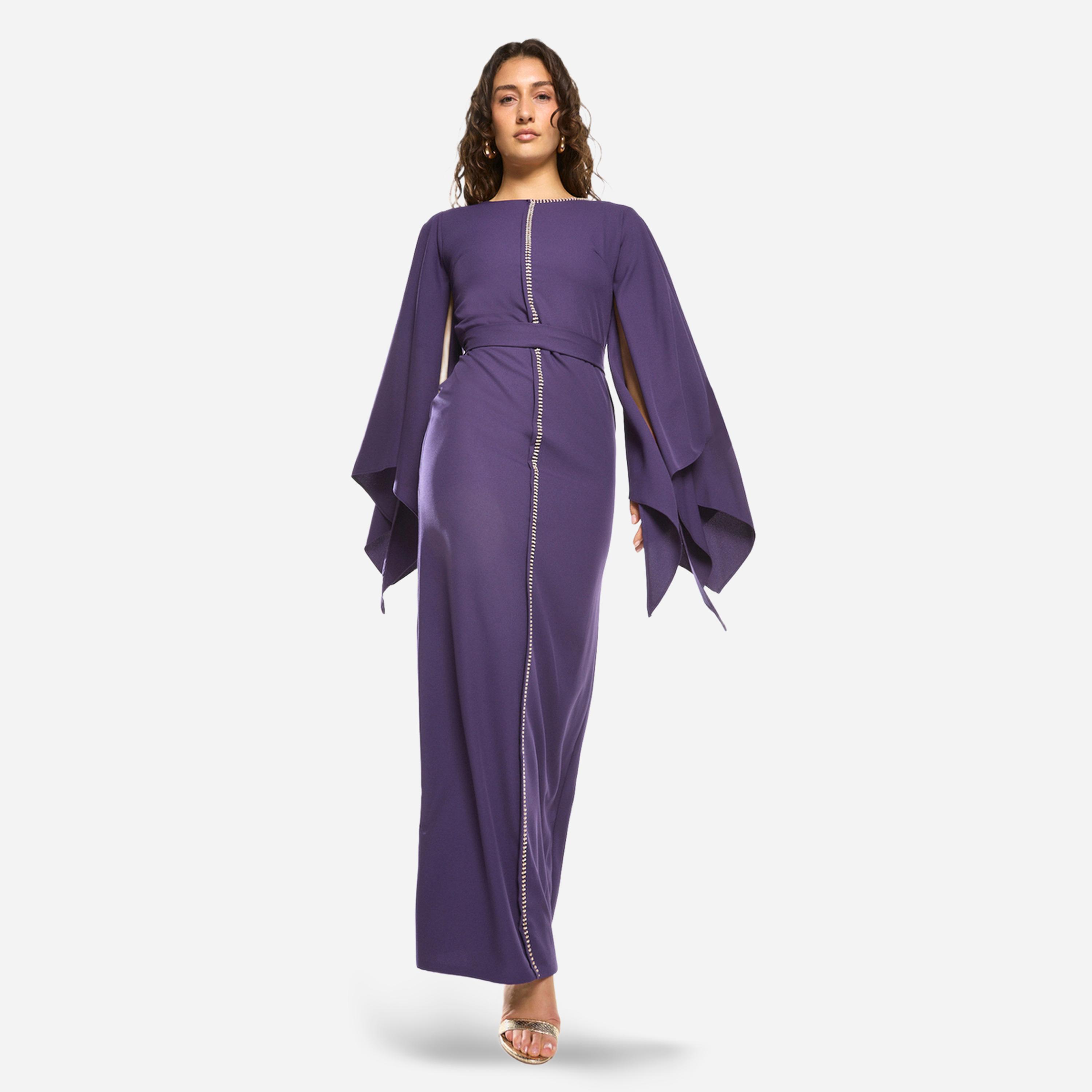 فستان طويل بأكمام كاب بشق وحزام رباط-women-clothing-dresses-image-3