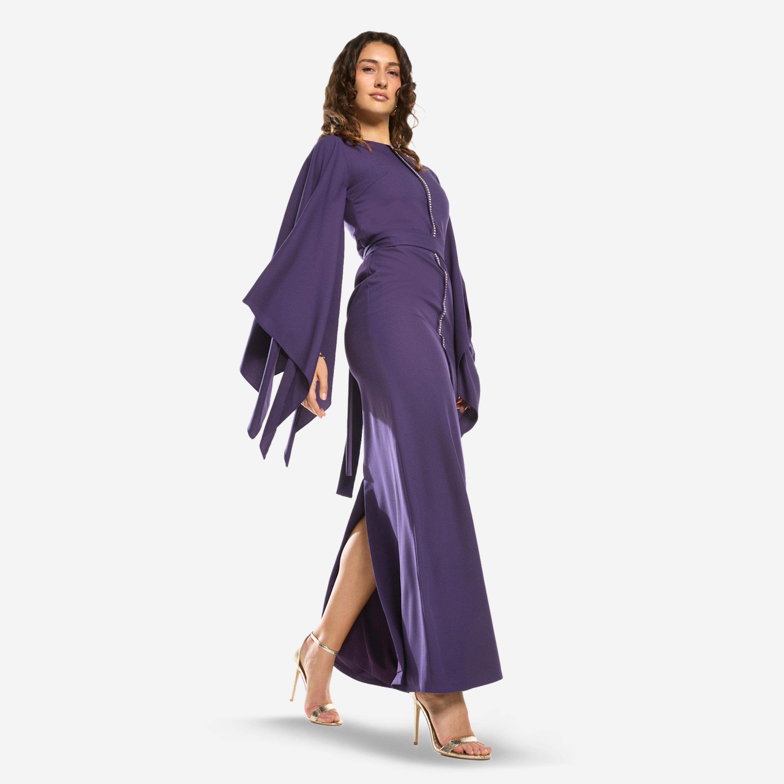 فستان طويل بأكمام كاب بشق وحزام رباط-women-clothing-dresses-image-4