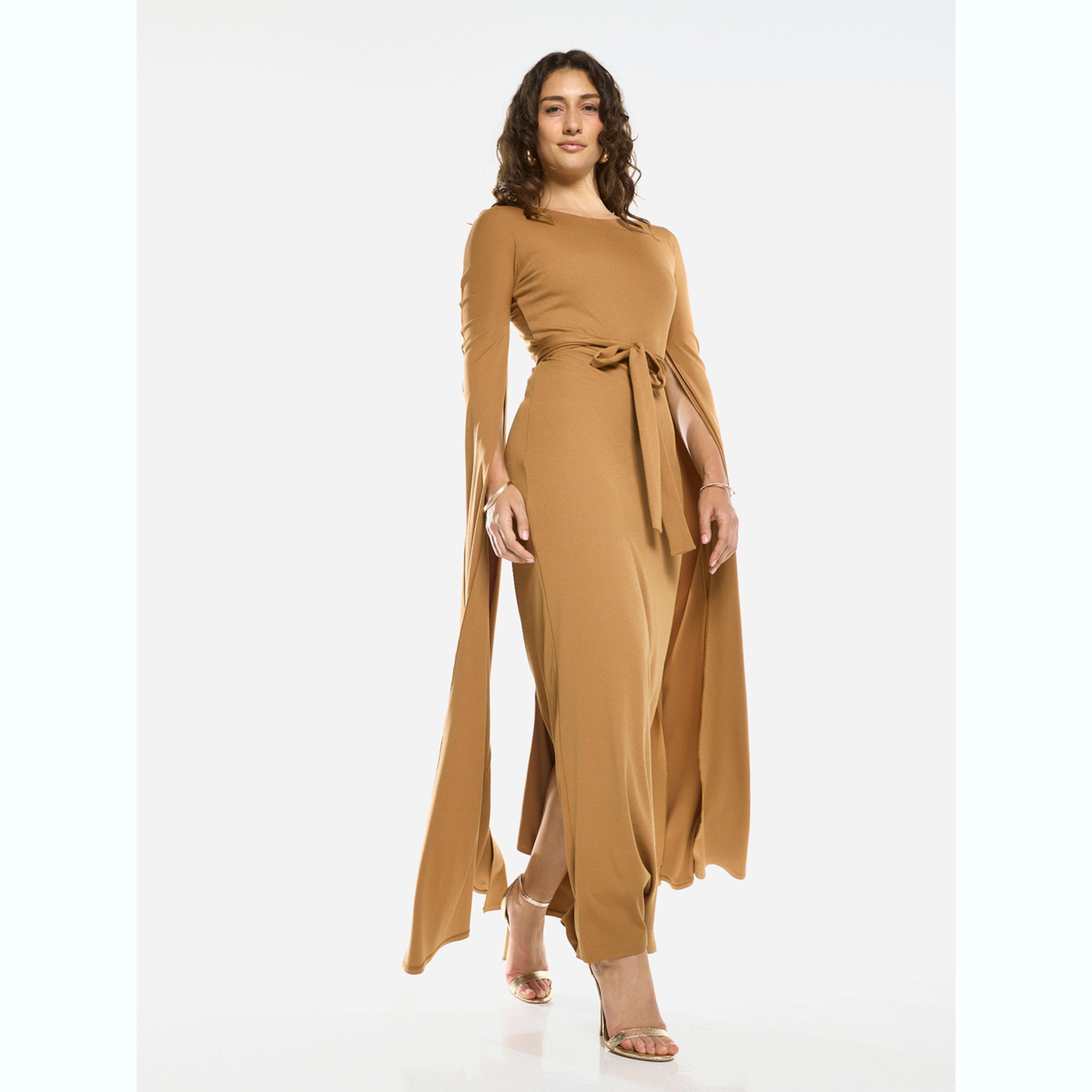 فستان طويل بأكمام كاب ورباط حول الخصر-women-clothing-dresses-image-5